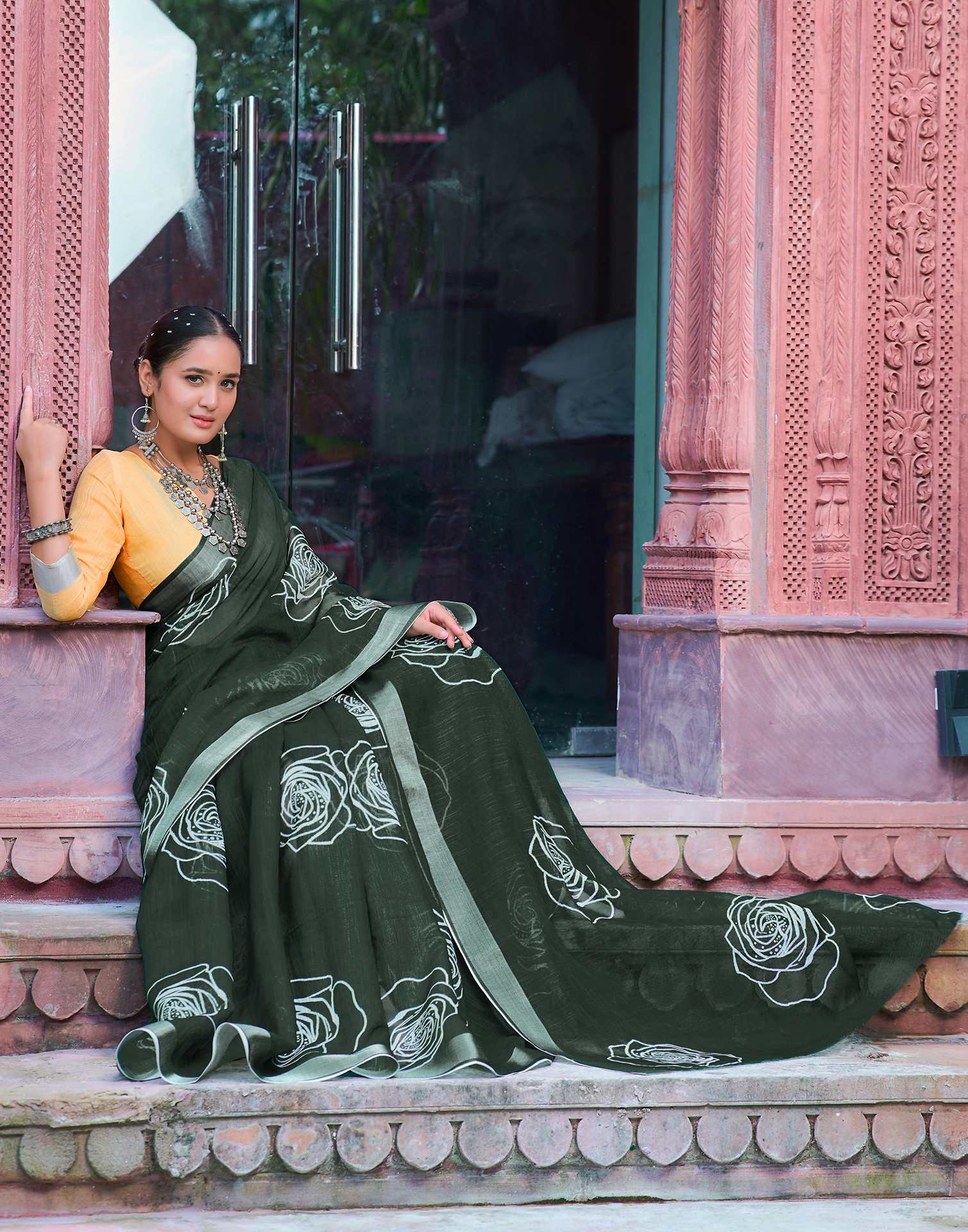 Dark Green Cotton Linen Printed Saree