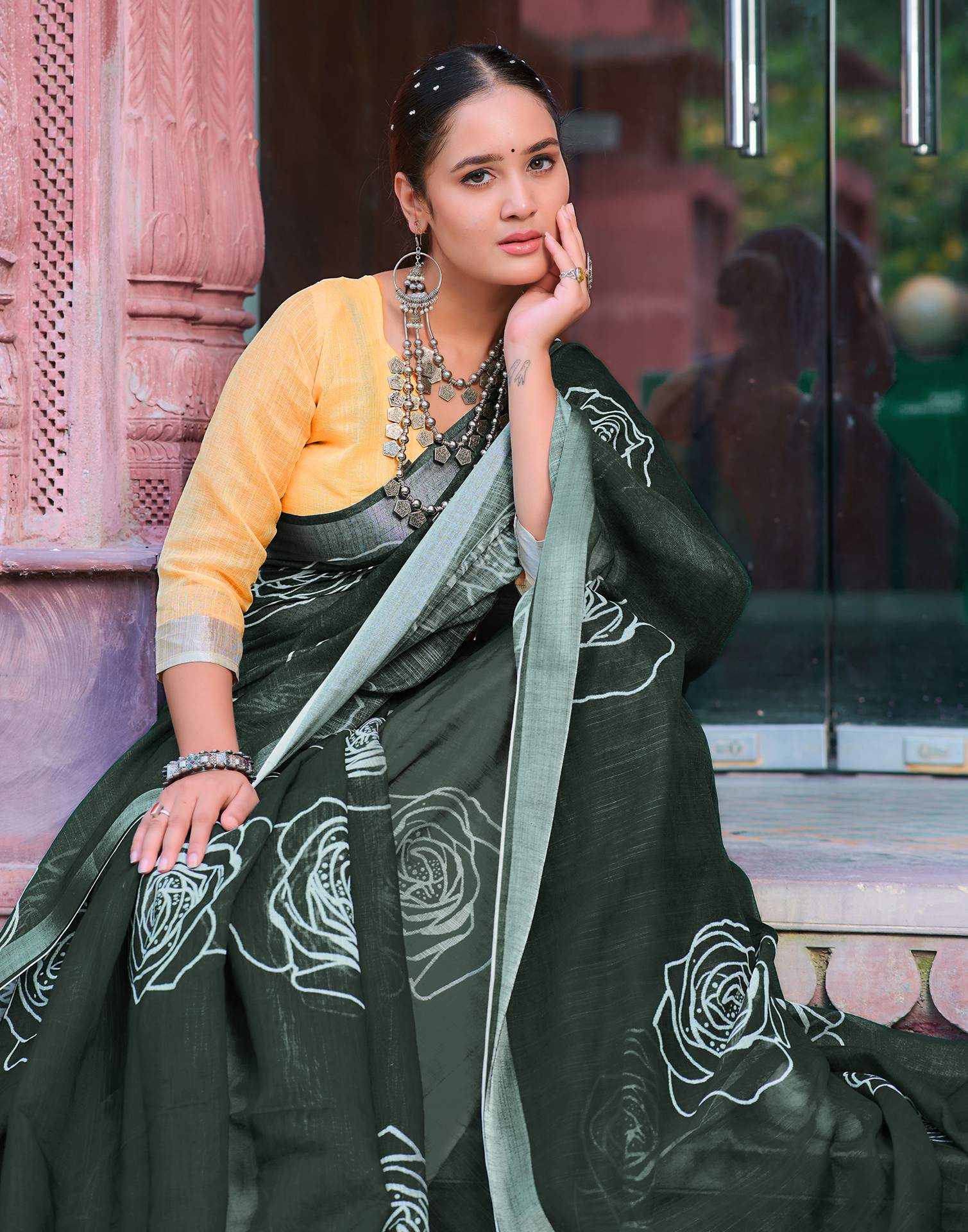 Dark Green Cotton Linen Printed Saree