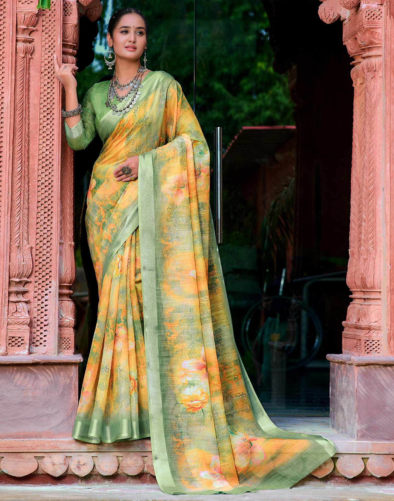 Yellow Green Cotton Linen Printed Saree