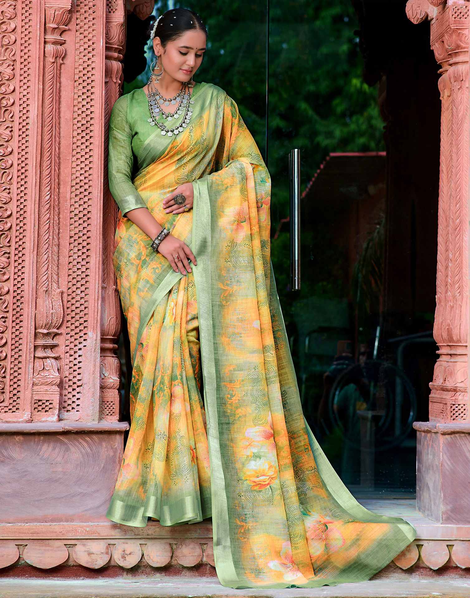 Yellow Green Cotton Linen Printed Saree
