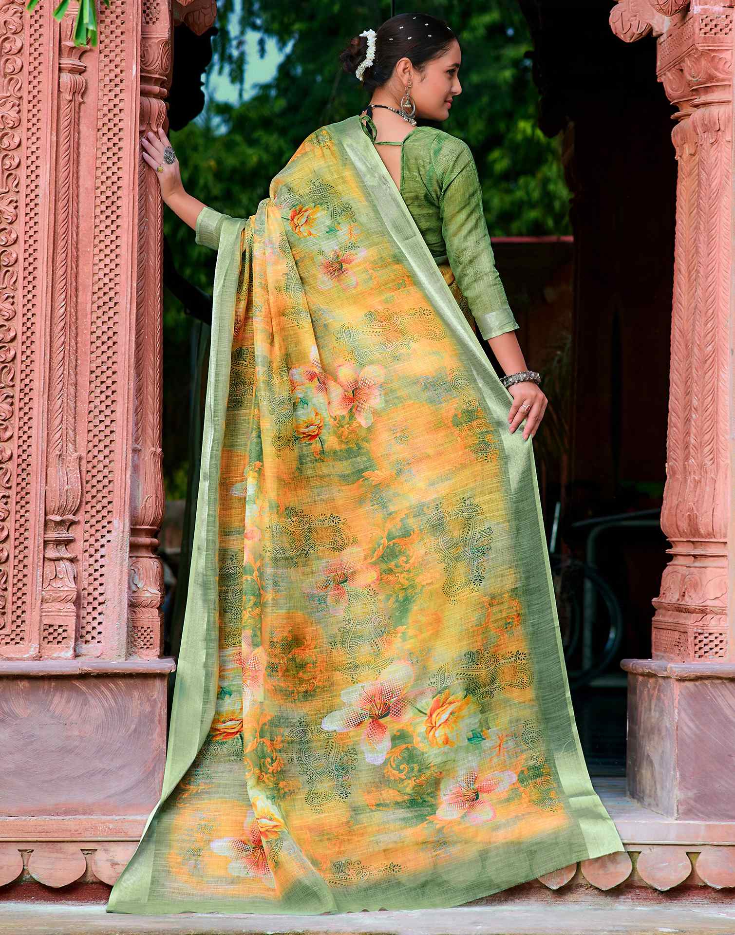 Yellow Green Cotton Linen Printed Saree