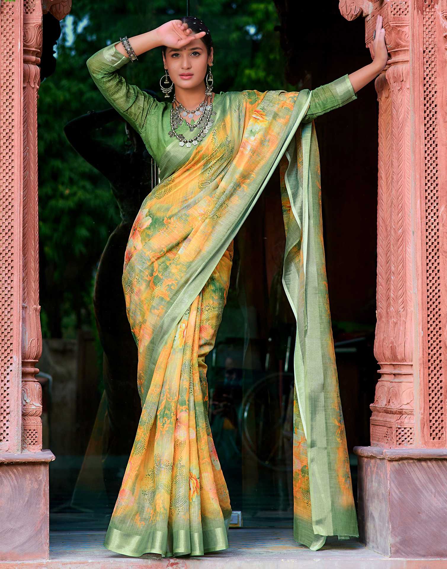 Yellow Green Cotton Linen Printed Saree