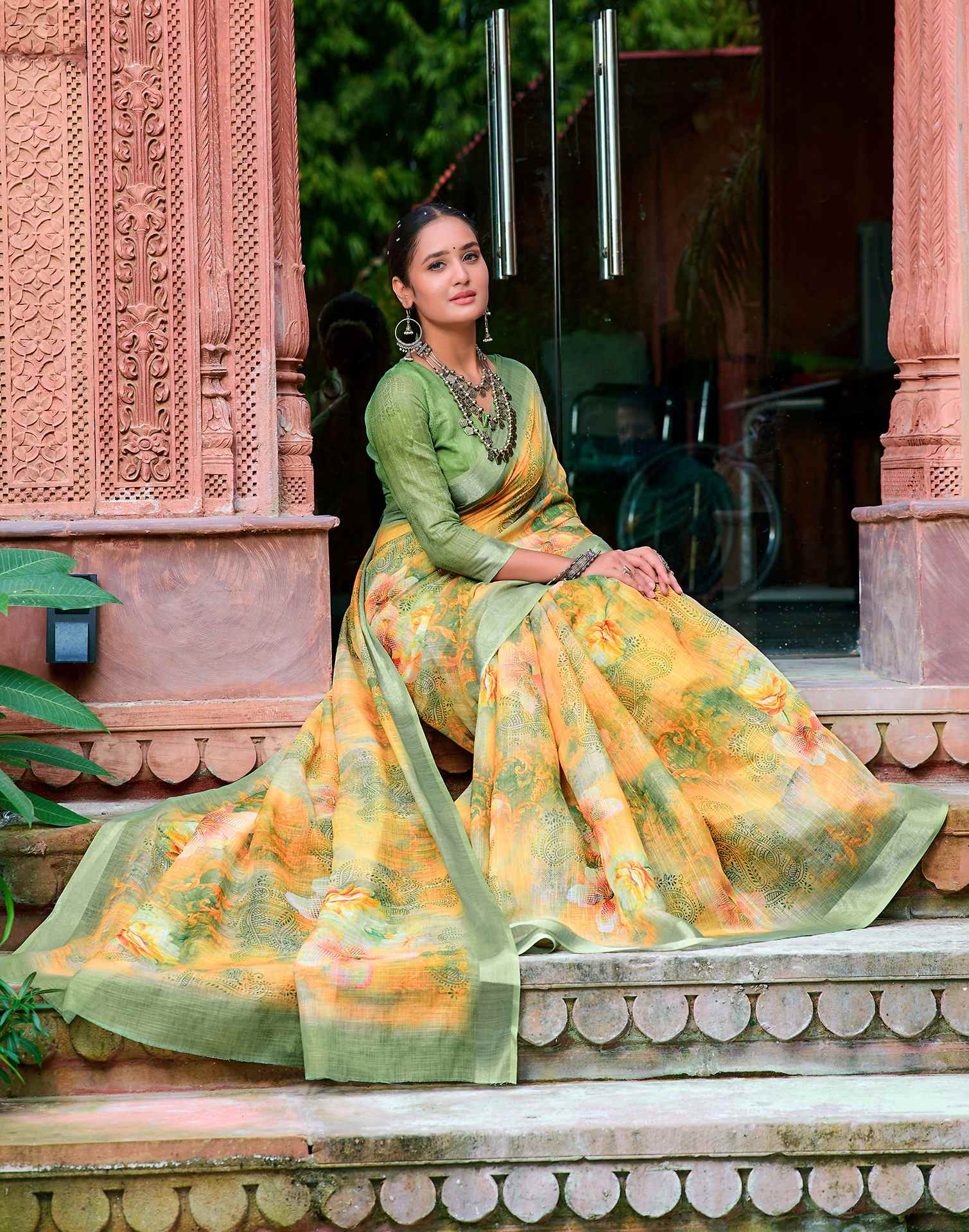 Yellow Green Cotton Linen Printed Saree