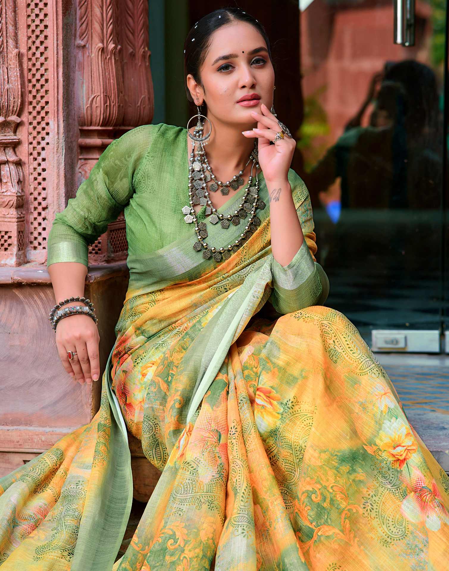 Yellow Green Cotton Linen Printed Saree