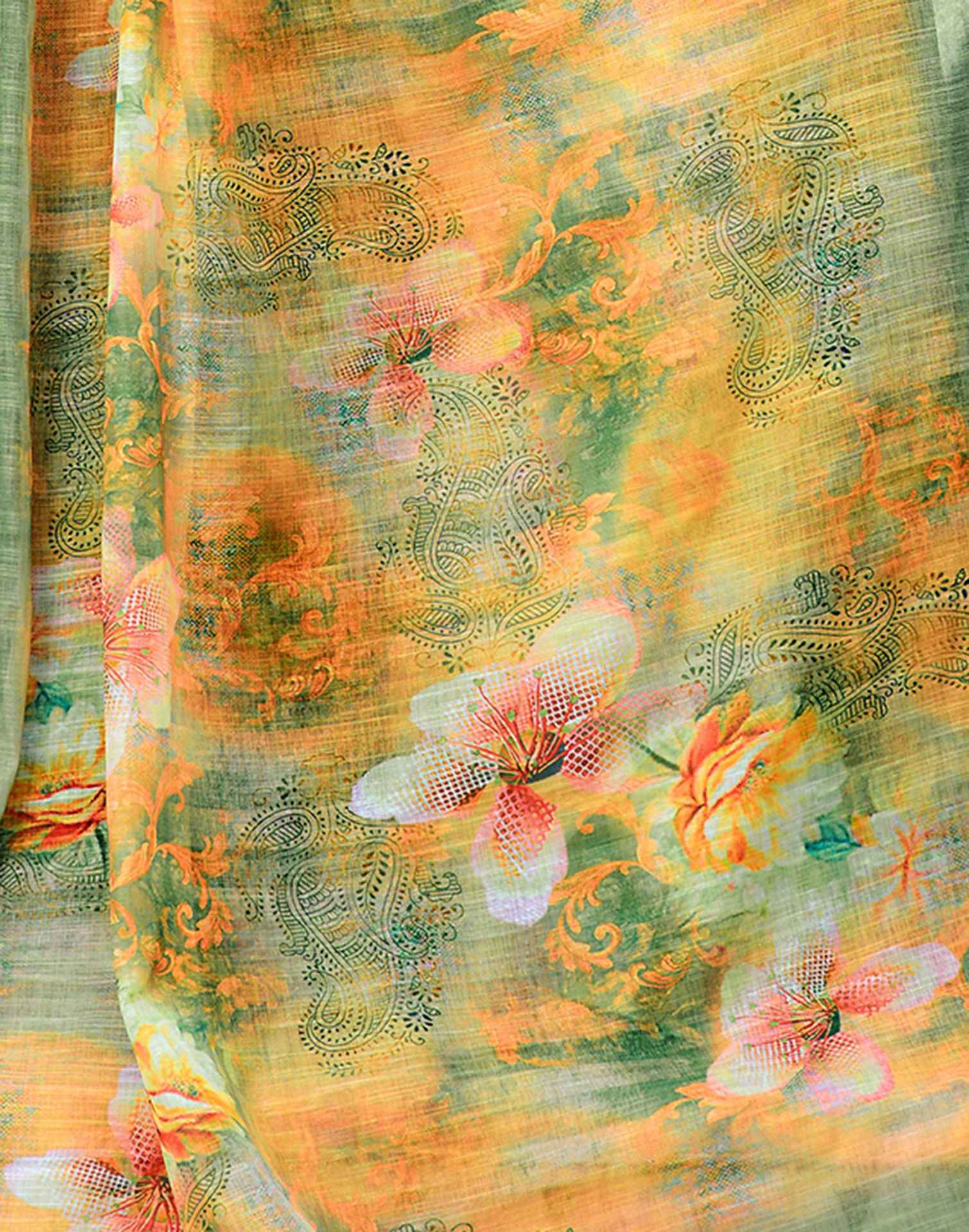 Yellow Green Cotton Linen Printed Saree