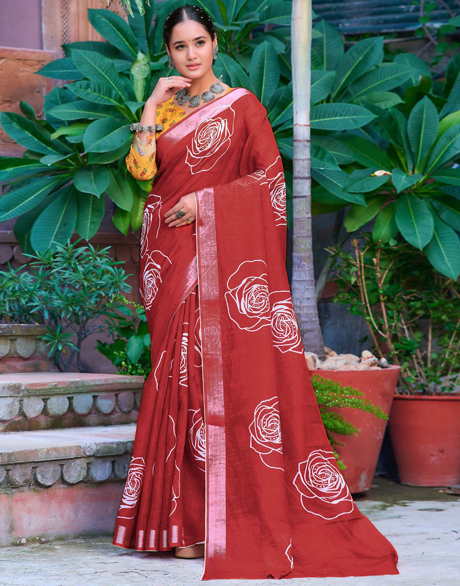 Dull Red Cotton Linen Printed Saree