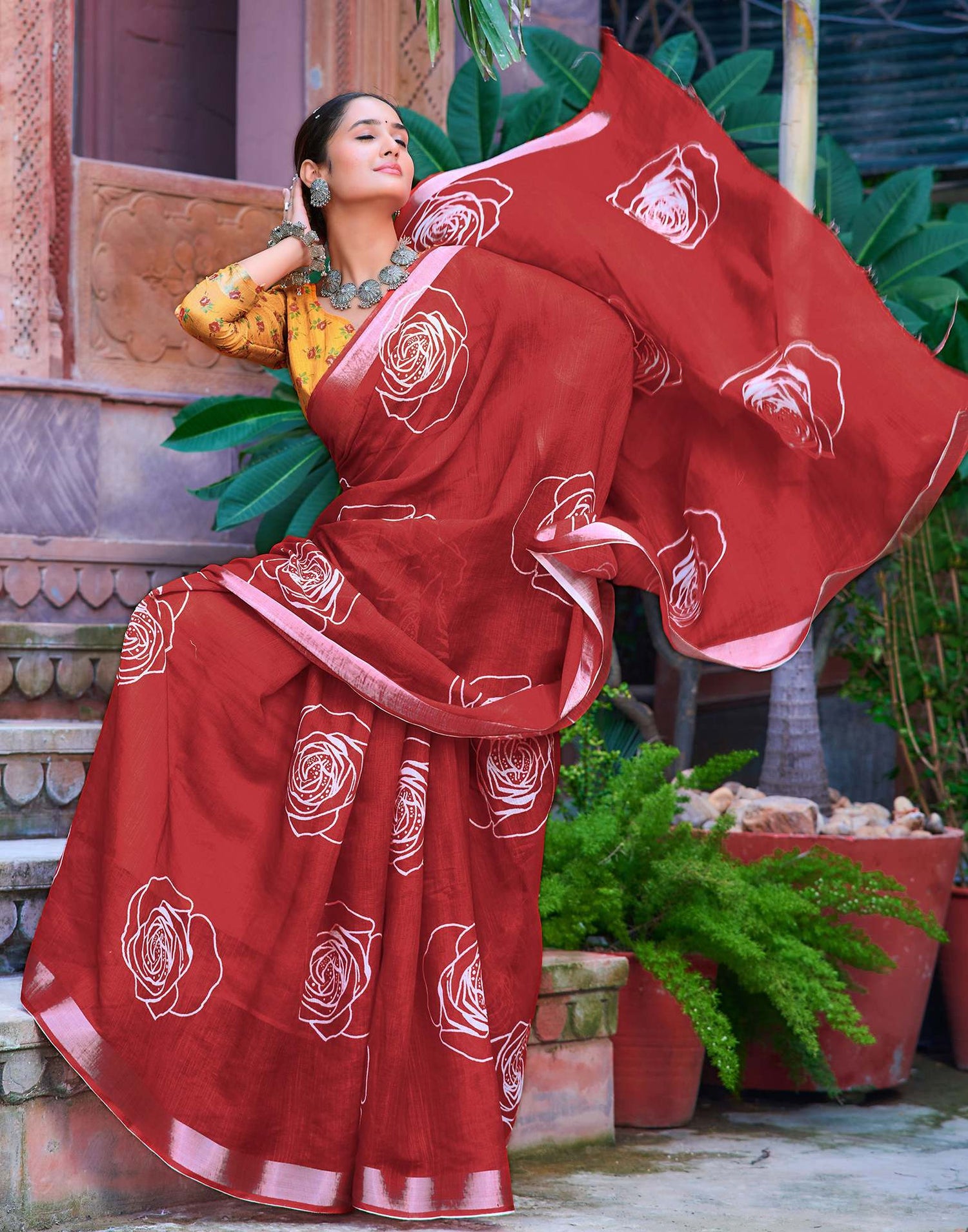 Dull Red Cotton Linen Printed Saree