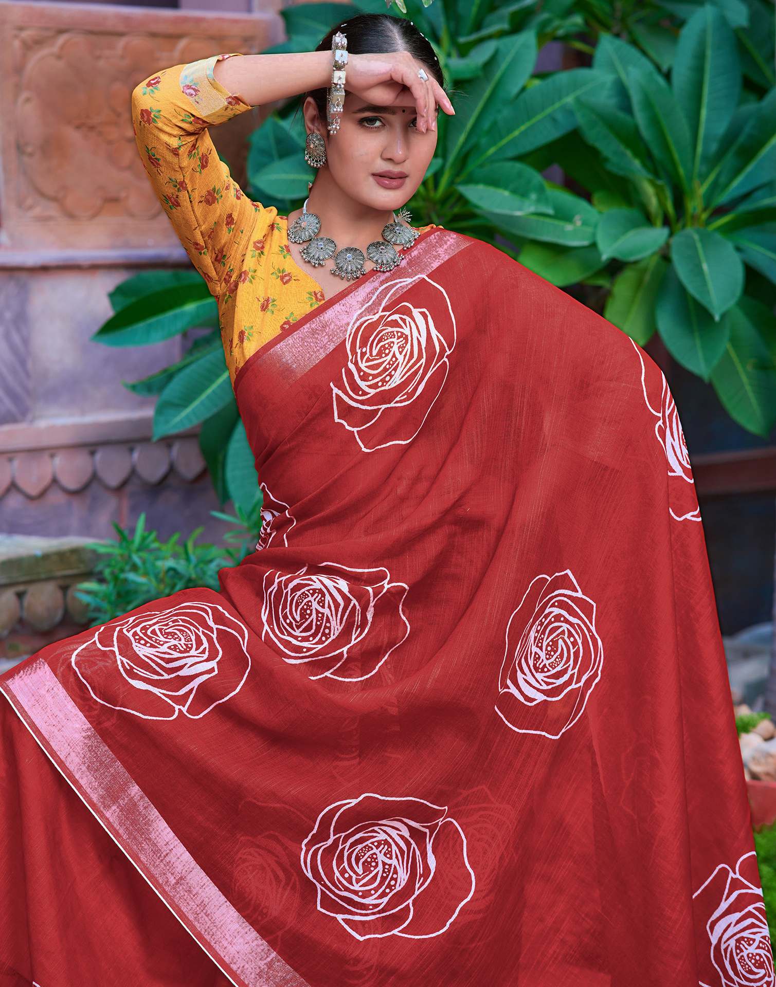 Dull Red Cotton Linen Printed Saree