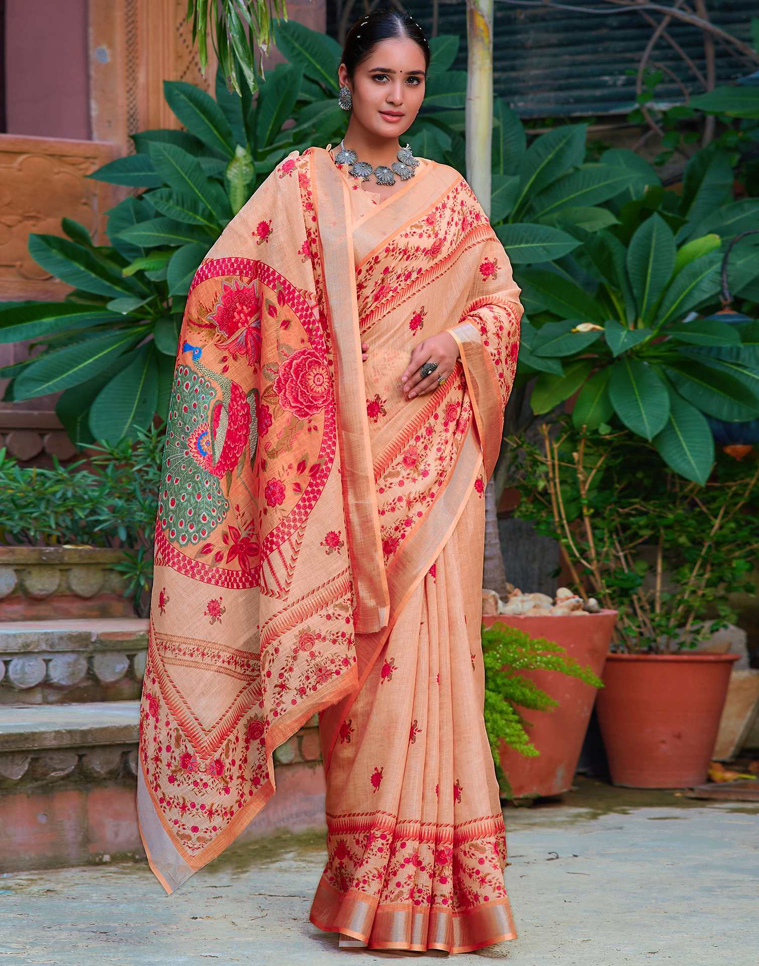 Rust Beige Cotton Linen Printed Saree