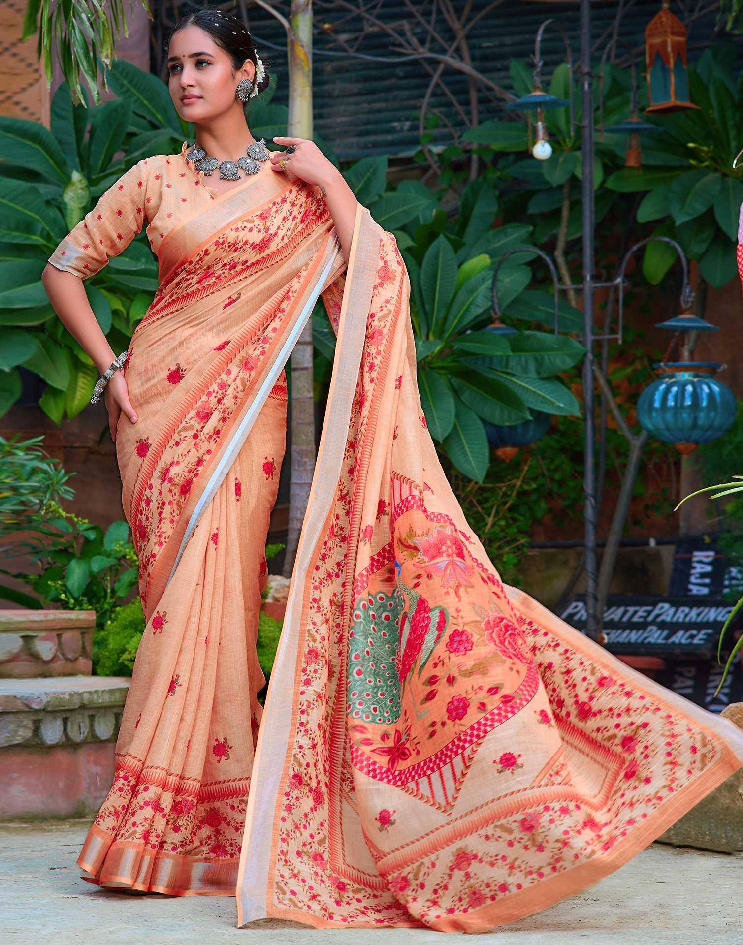 Rust Beige Cotton Linen Printed Saree