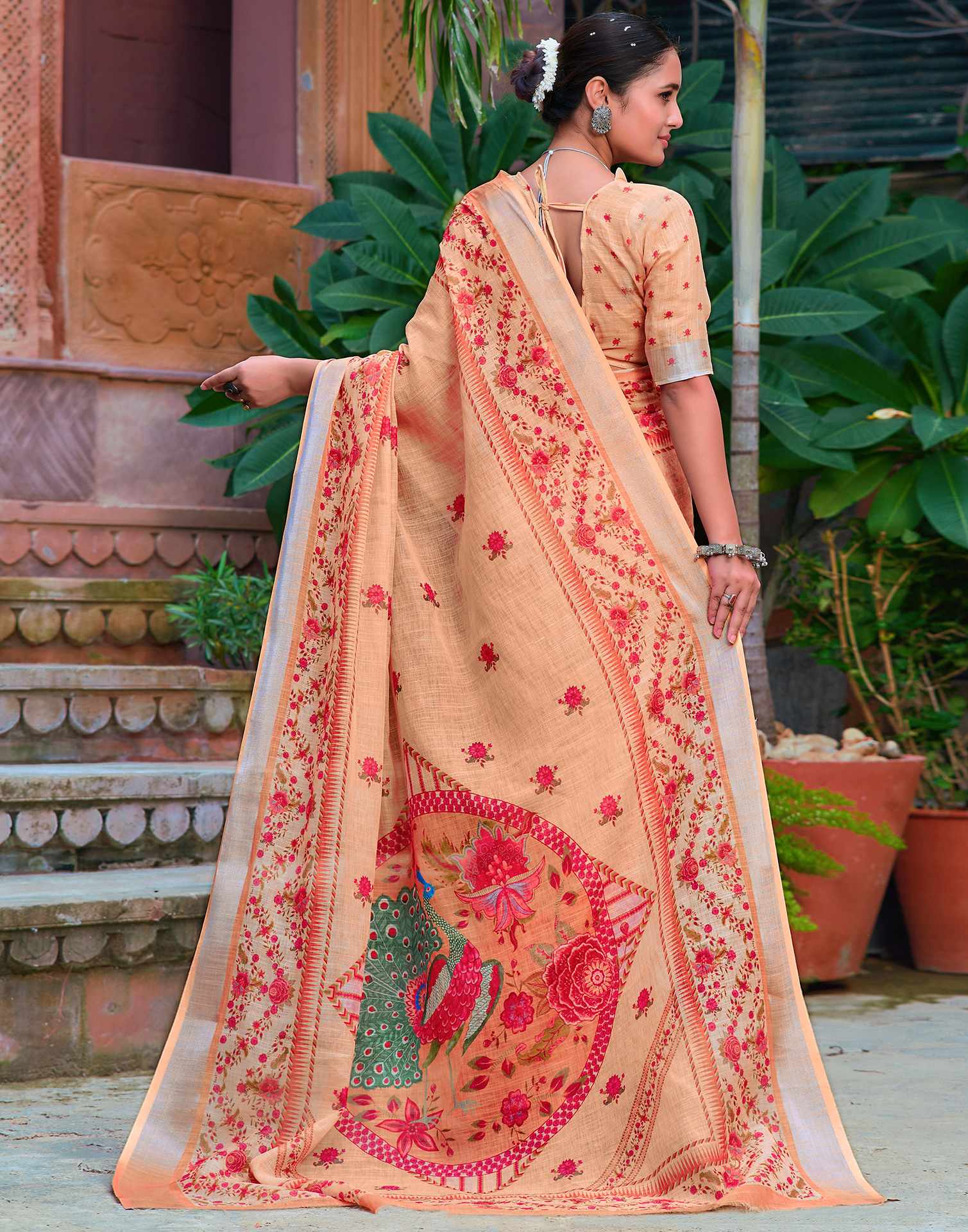 Rust Beige Cotton Linen Printed Saree