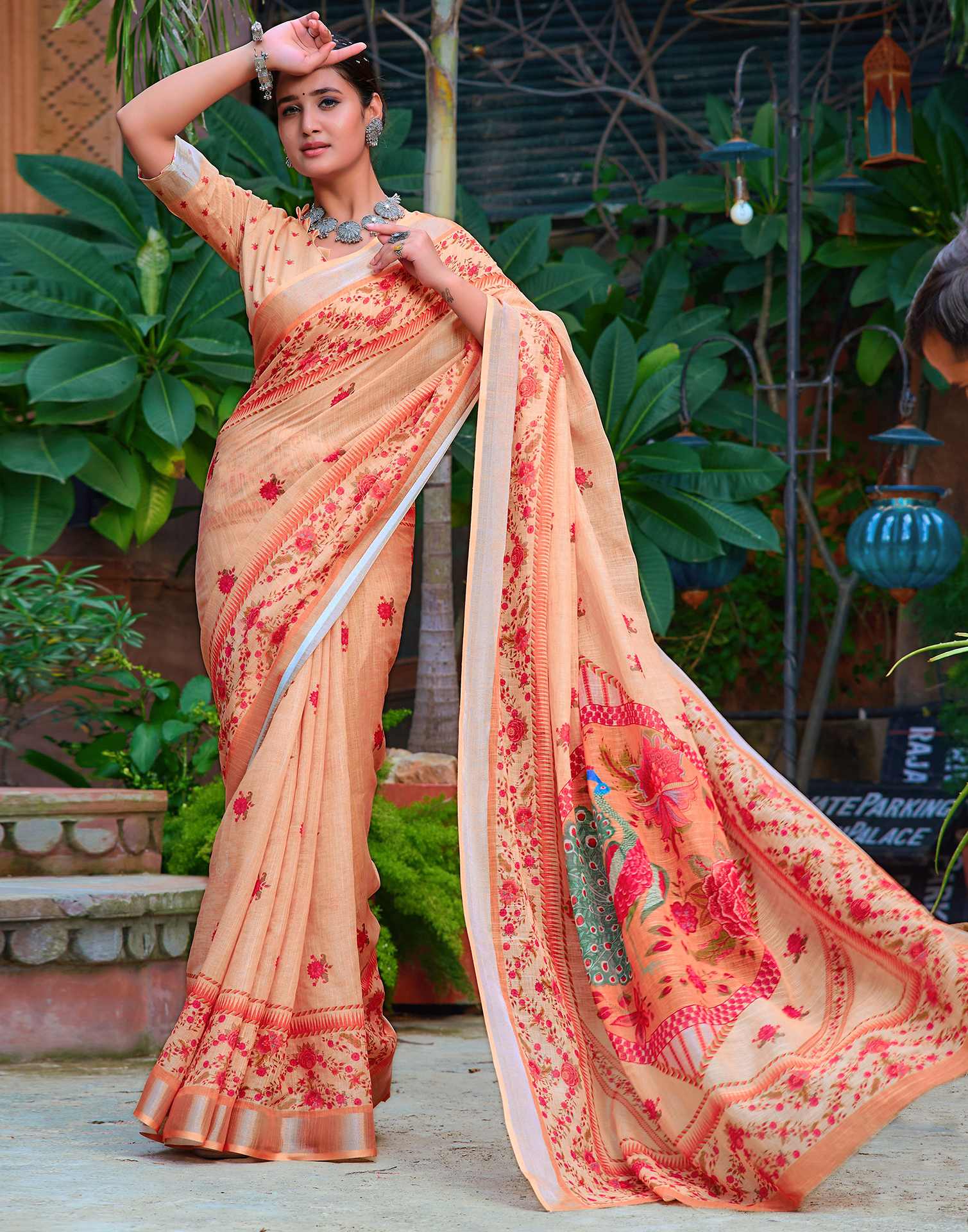 Rust Beige Cotton Linen Printed Saree