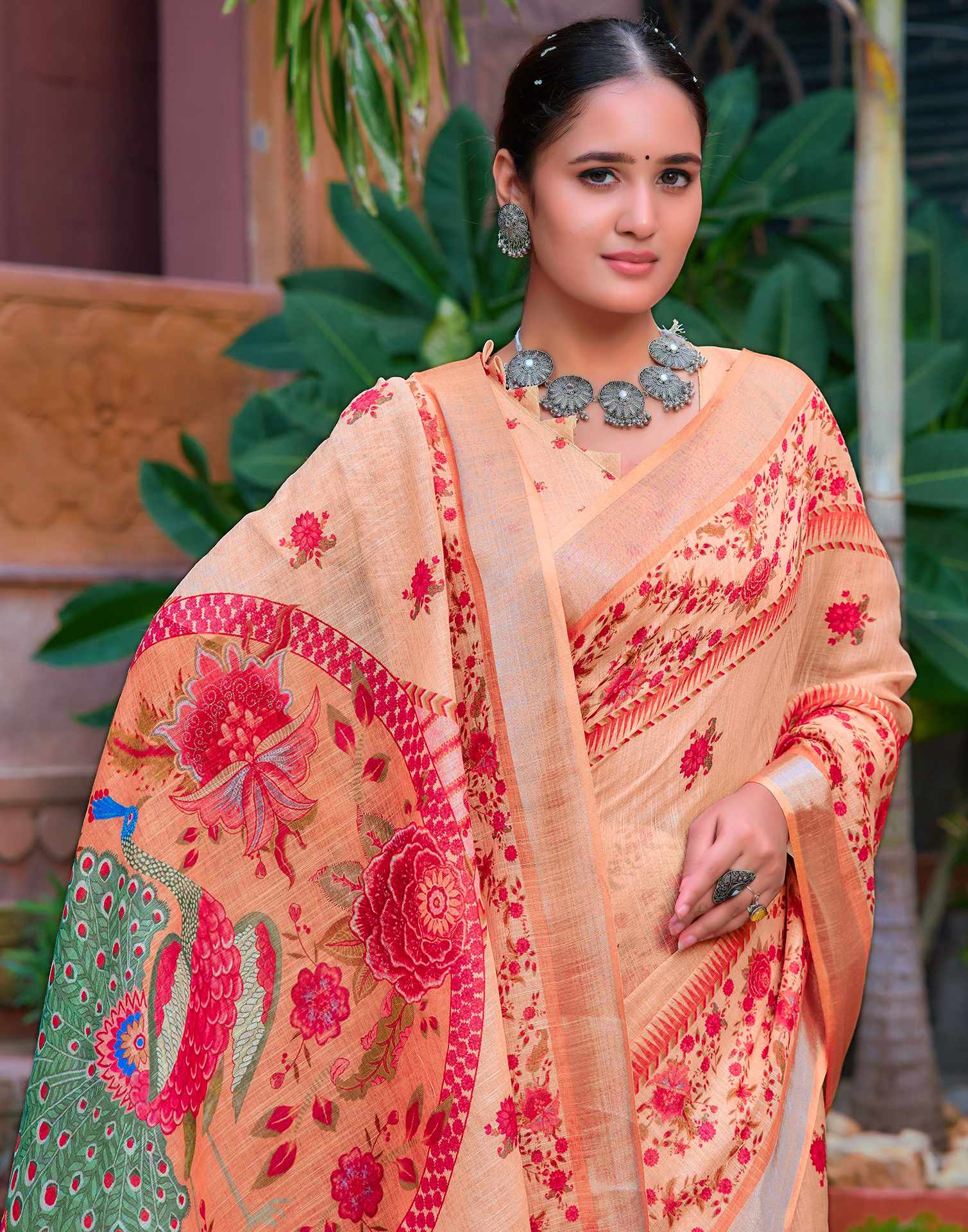 Rust Beige Cotton Linen Printed Saree