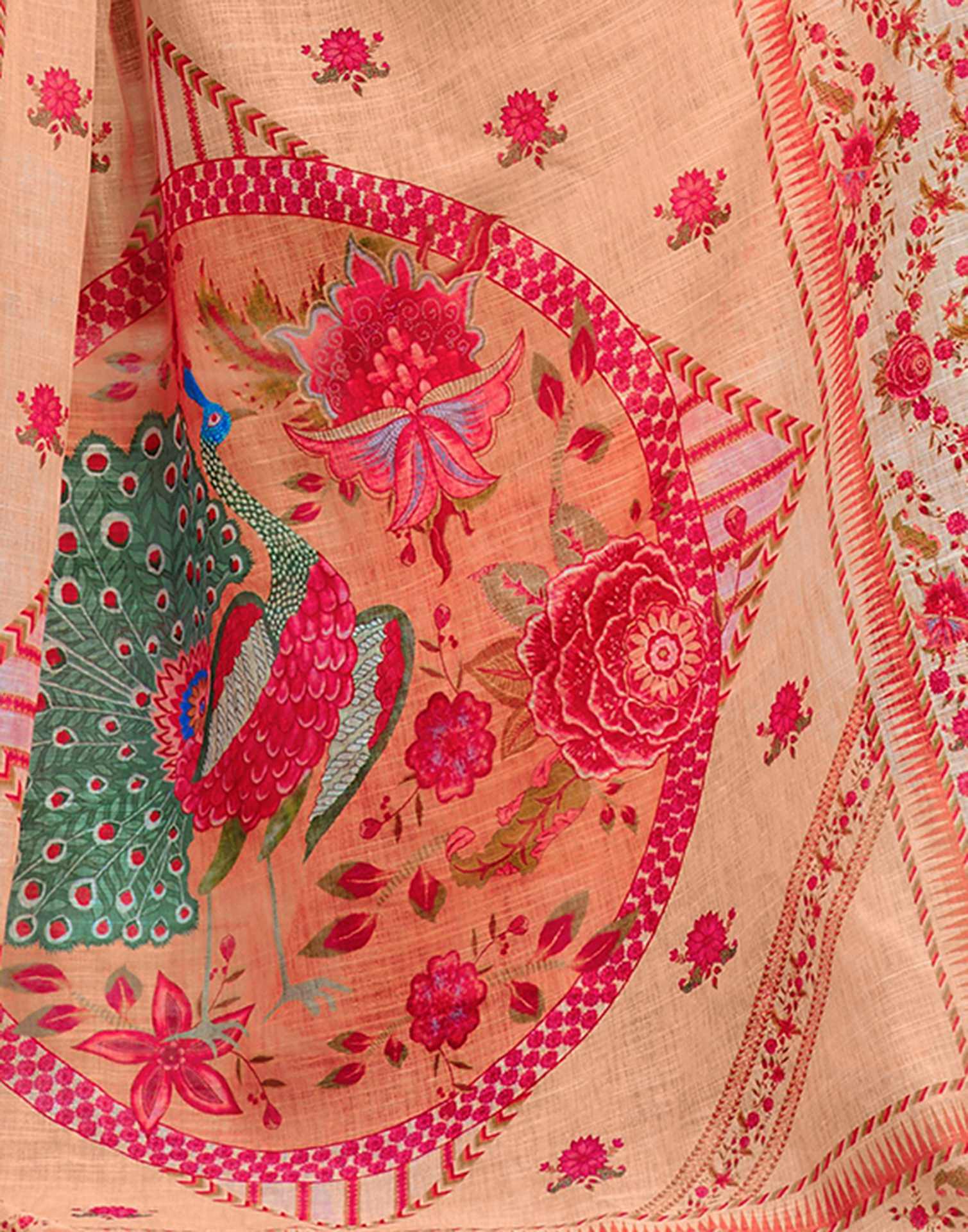 Rust Beige Cotton Linen Printed Saree