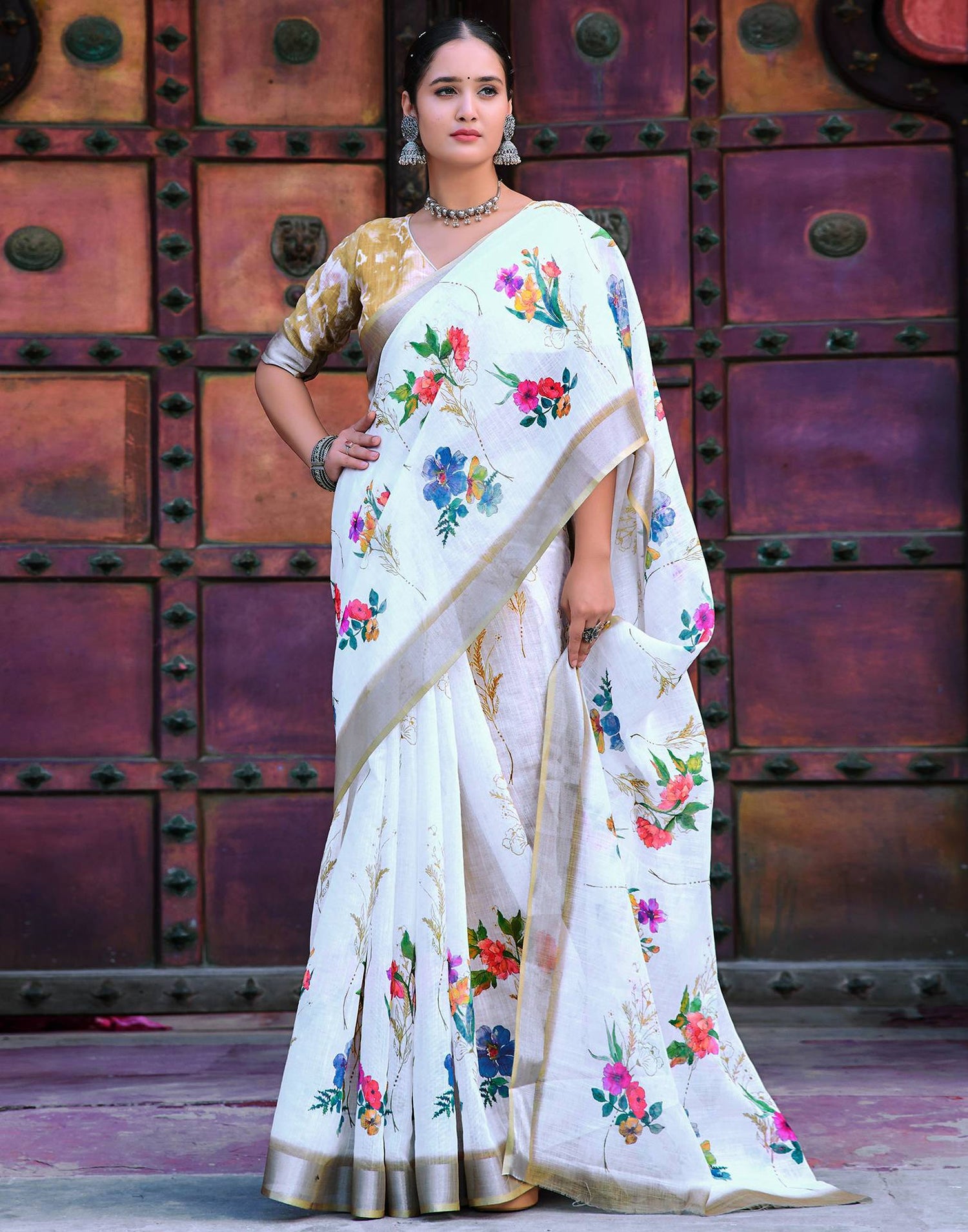 White Cotton Linen Printed Saree
