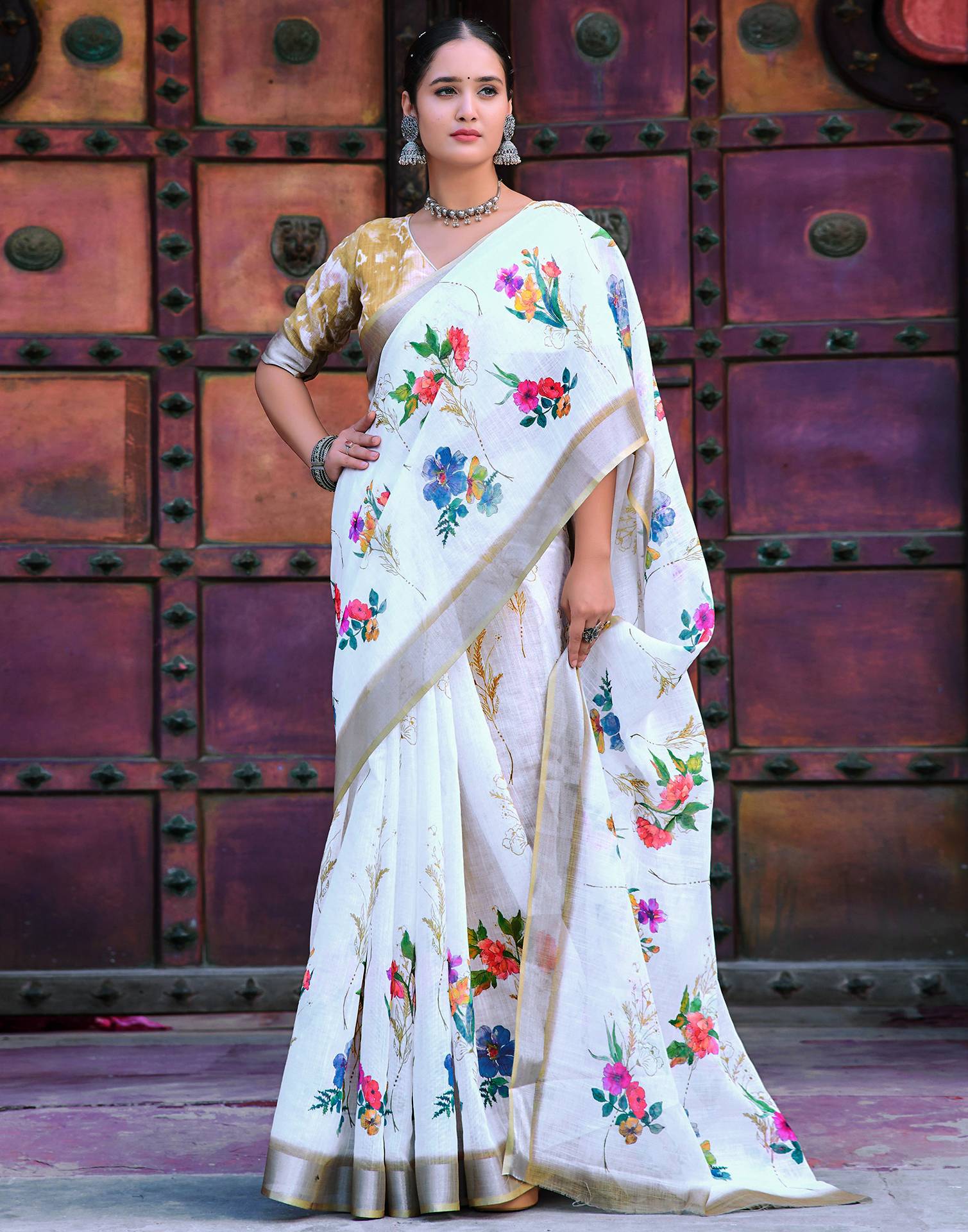 White Cotton Linen Printed Saree