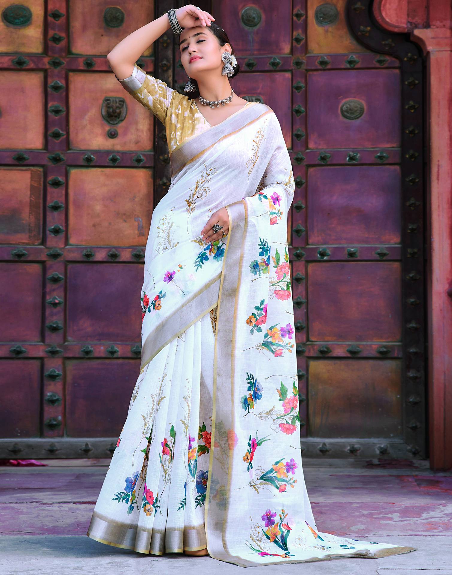 White Cotton Linen Printed Saree
