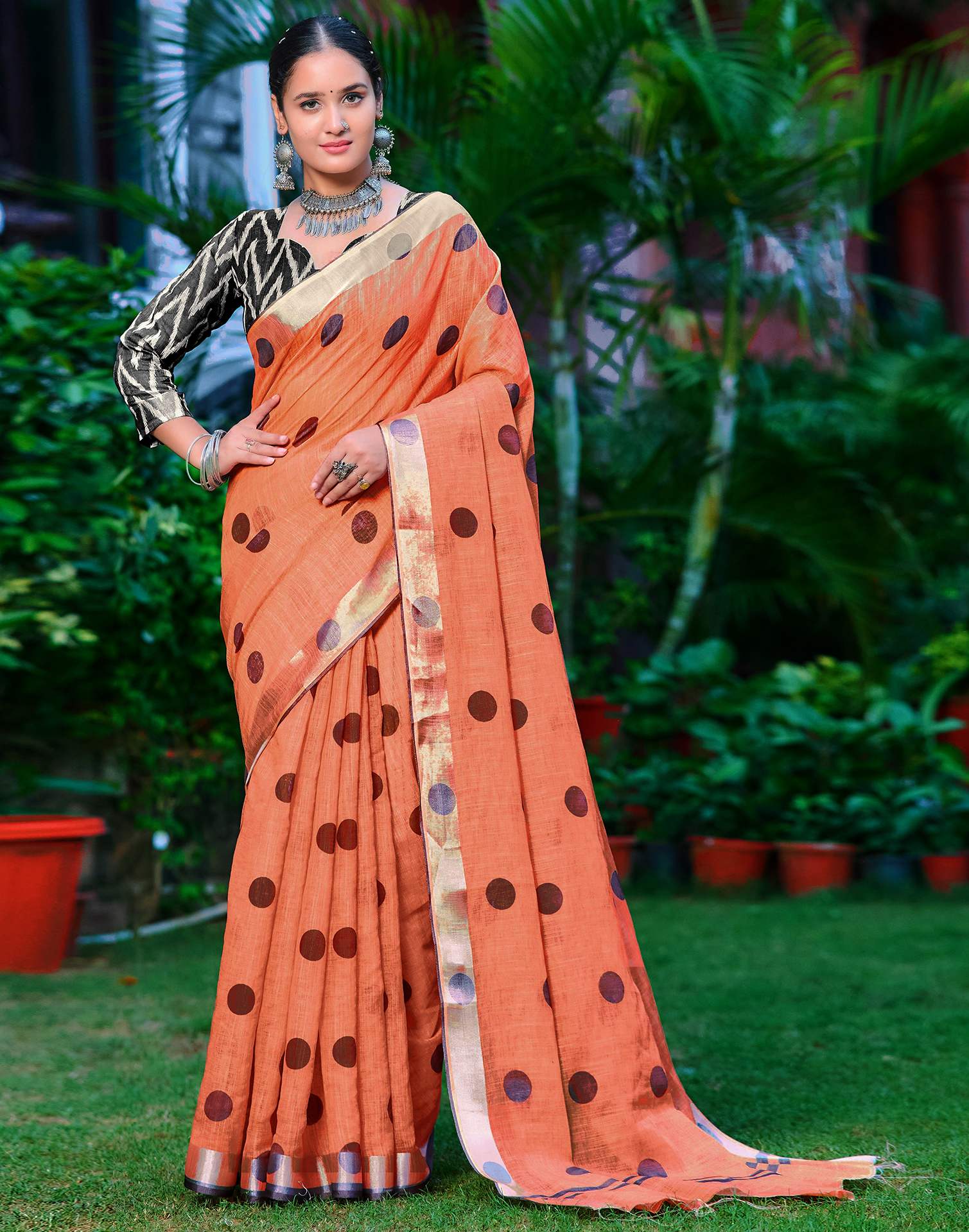 Orange Cotton Linen Printed Saree