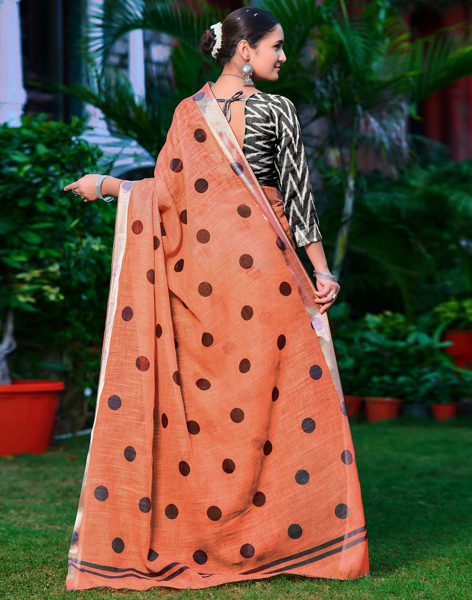 Orange Cotton Linen Printed Saree