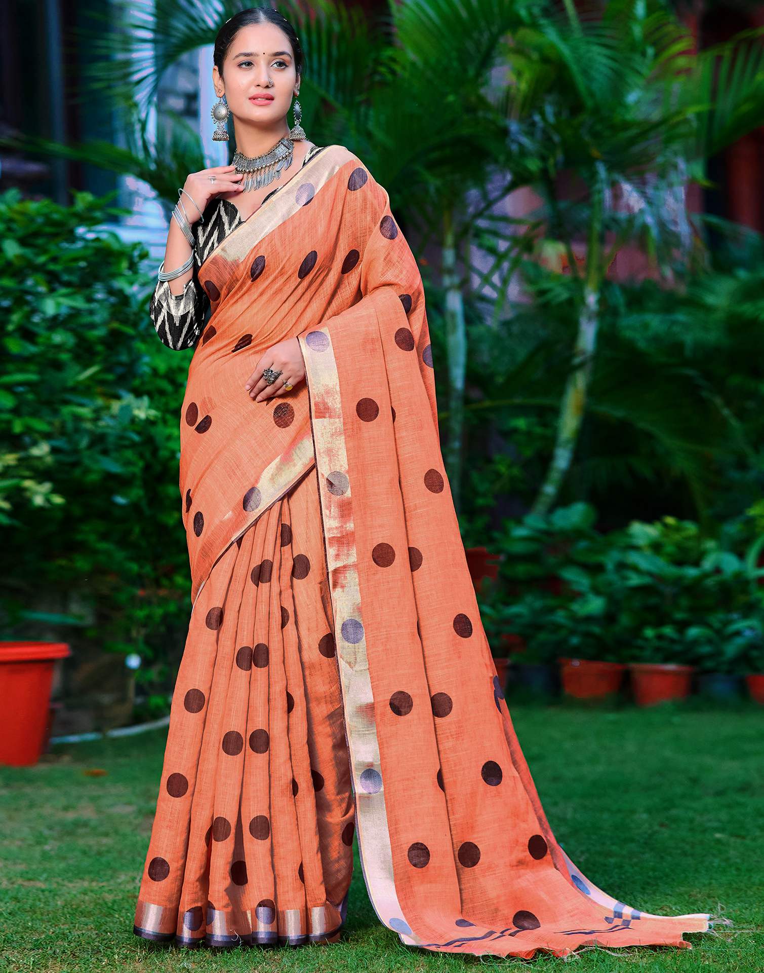 Orange Cotton Linen Printed Saree