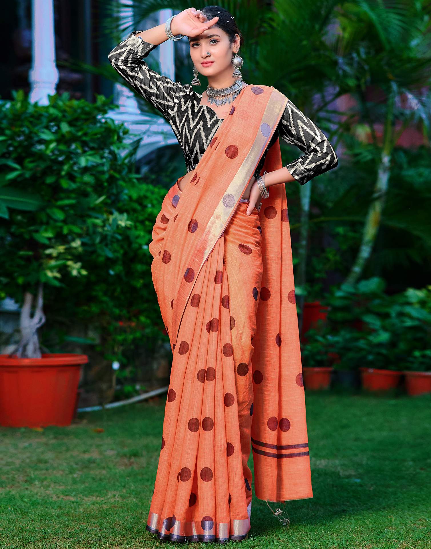 Orange Cotton Linen Printed Saree