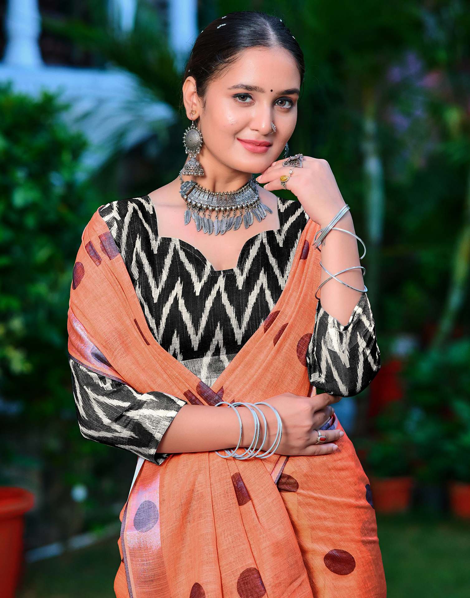 Orange Cotton Linen Printed Saree