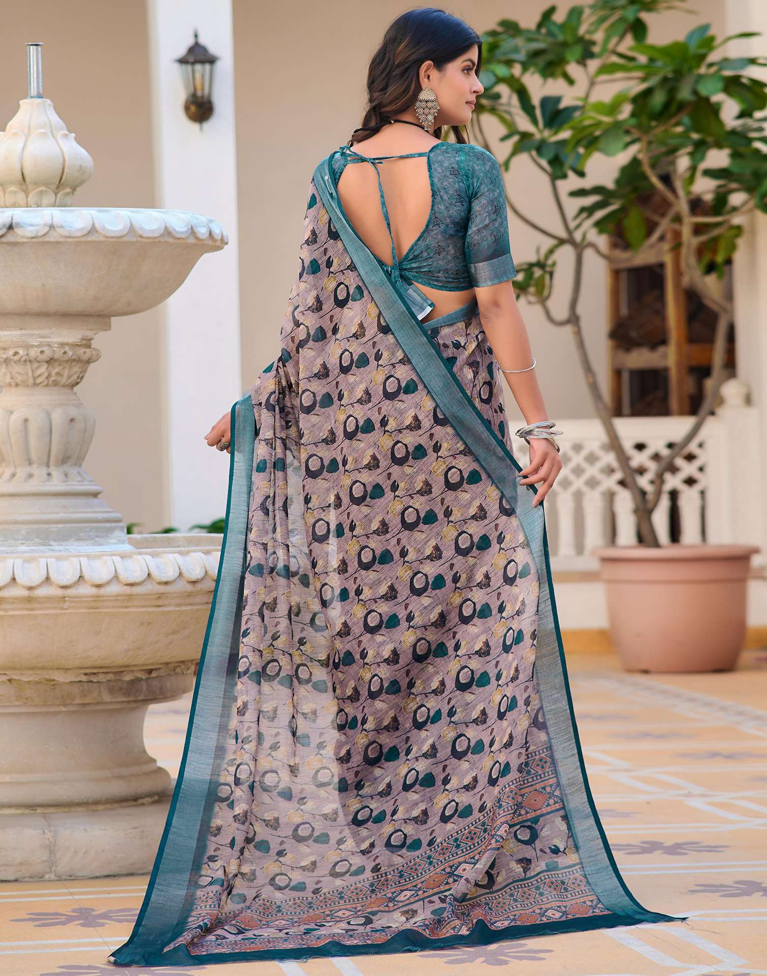 Mauve Cotton Linen Printed Saree