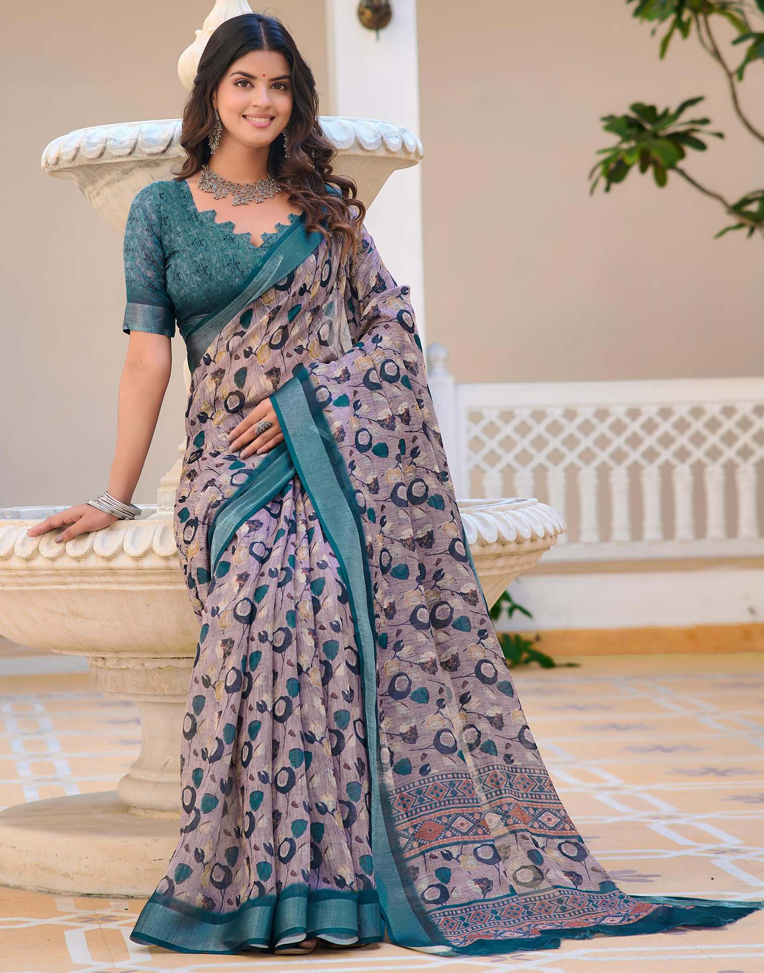 Mauve Cotton Linen Printed Saree