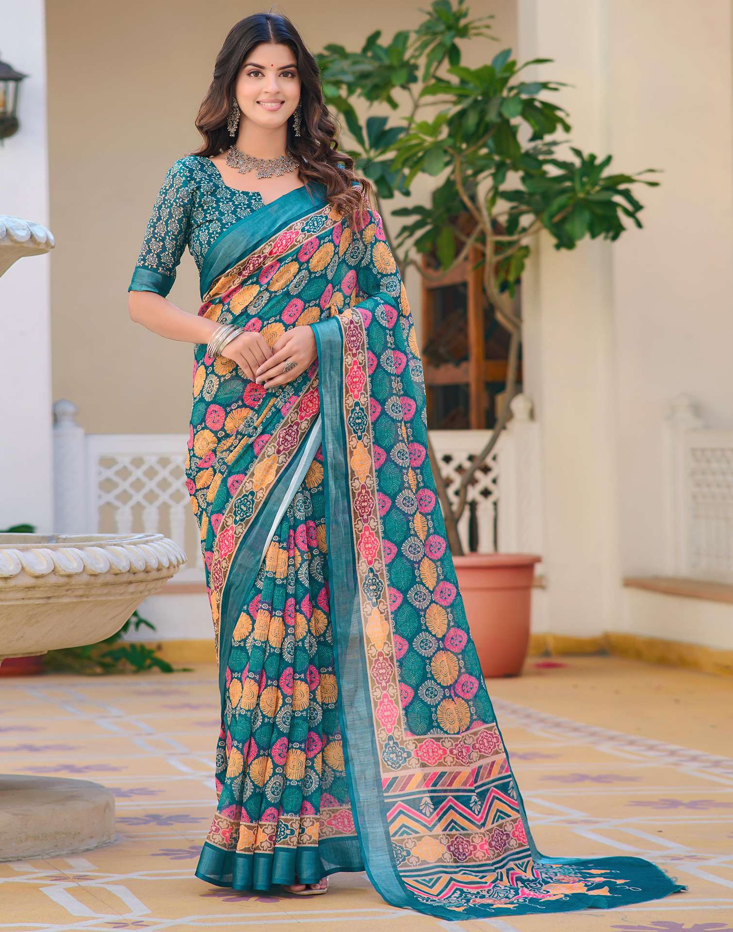 Teal Blue Cotton Linen Printed Saree