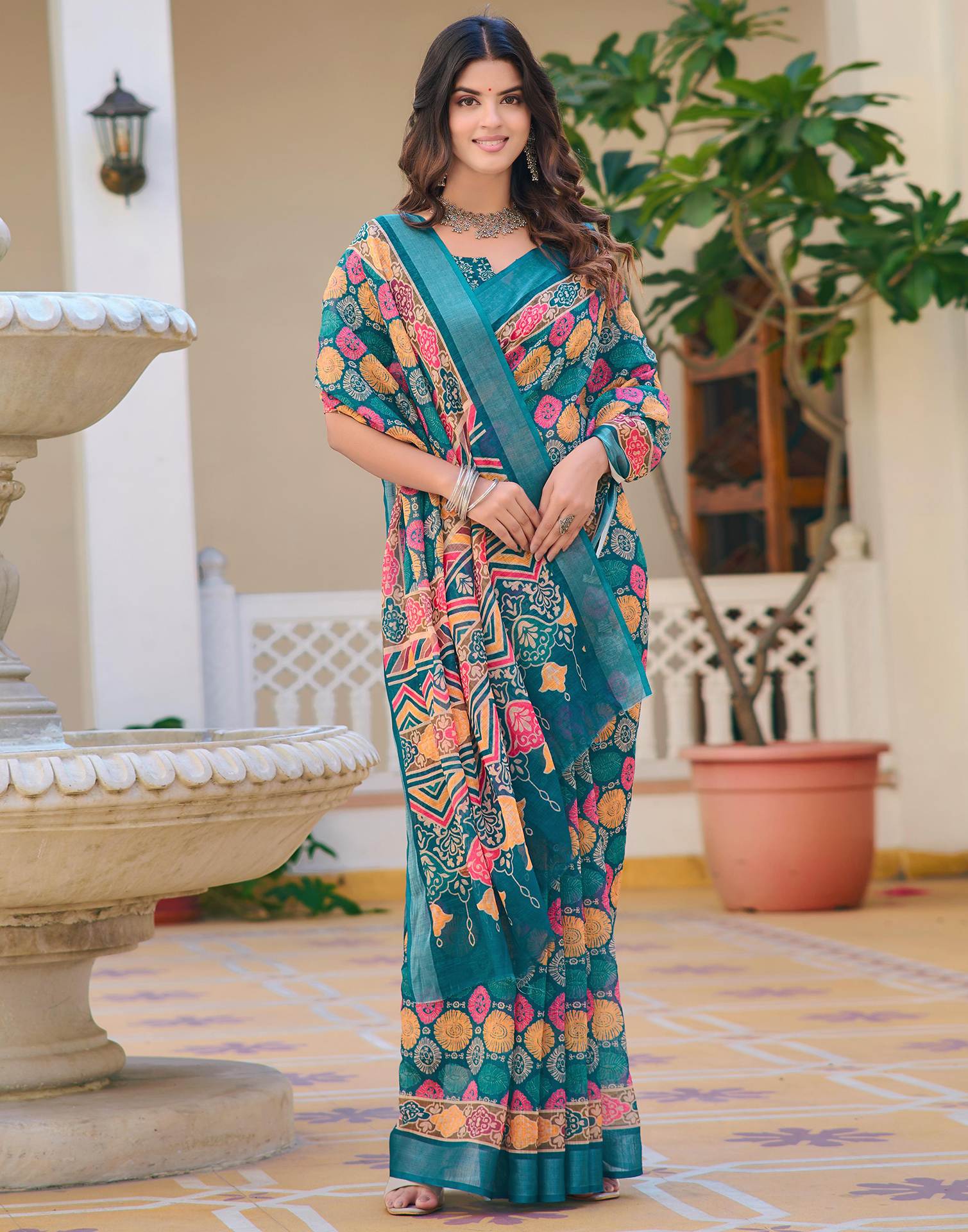 Teal Blue Cotton Linen Printed Saree