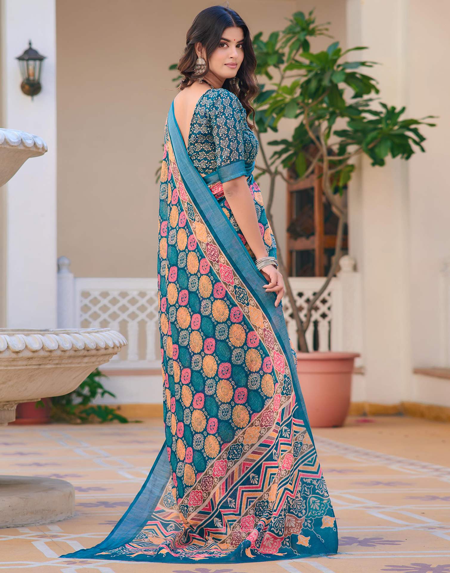 Teal Blue Cotton Linen Printed Saree