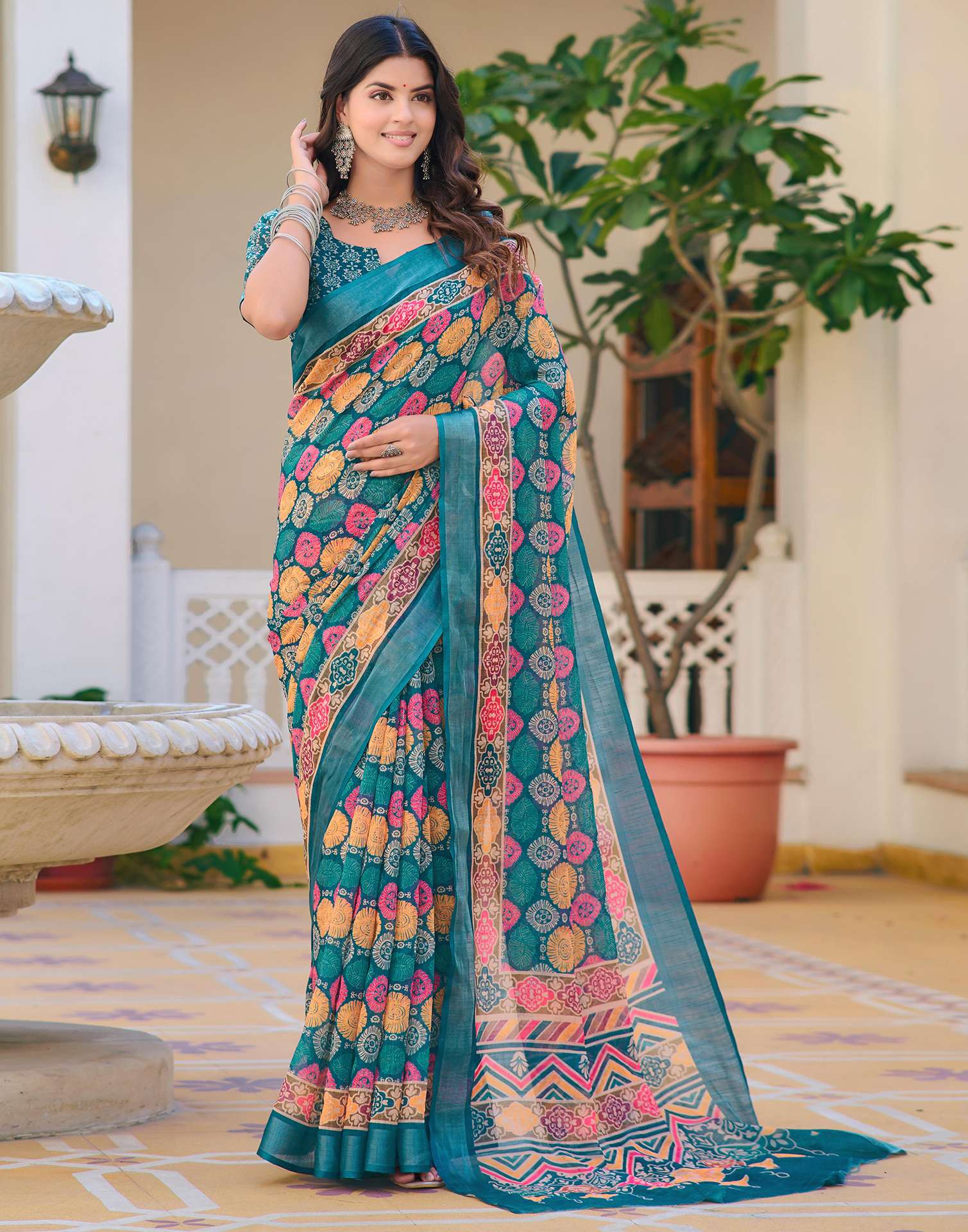 Teal Blue Cotton Linen Printed Saree