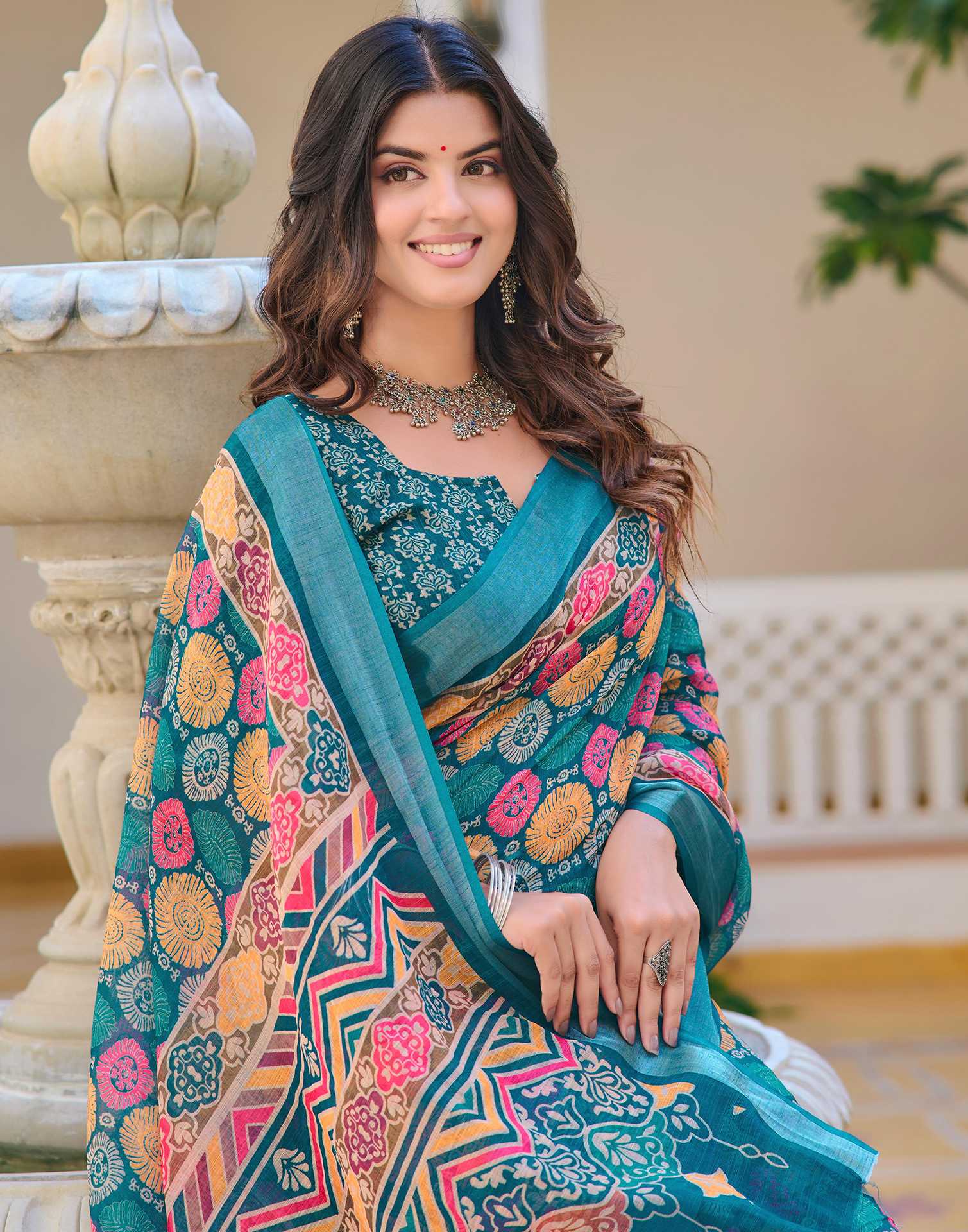 Teal Blue Cotton Linen Printed Saree