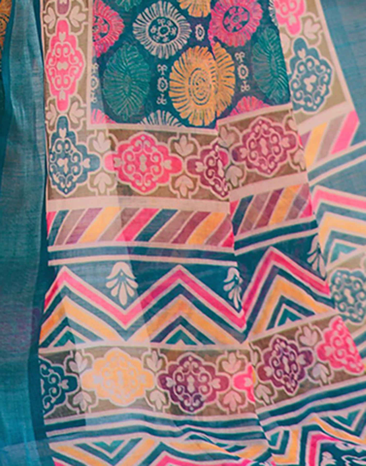 Teal Blue Cotton Linen Printed Saree