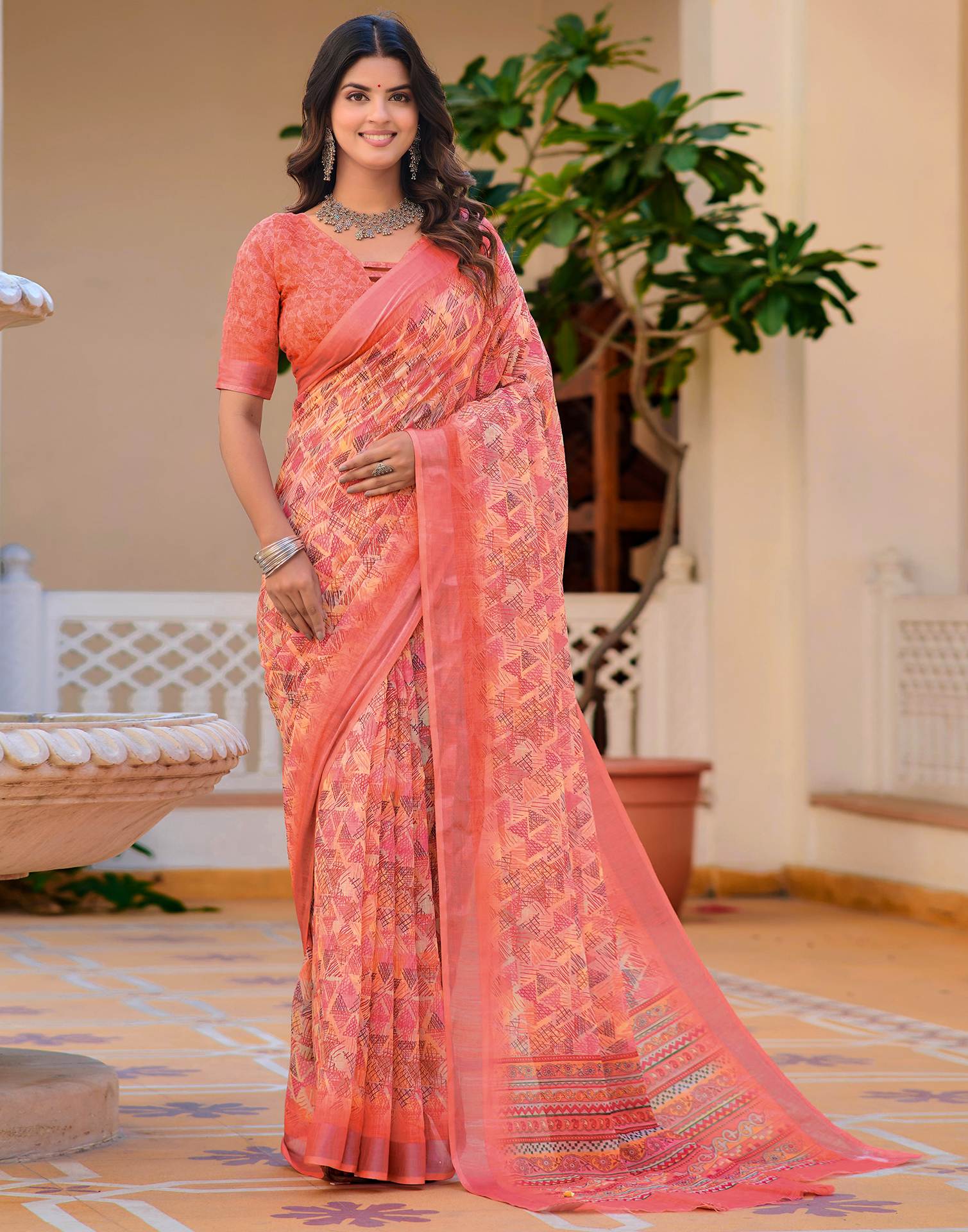 Light Yellow Cotton Linen Printed Saree