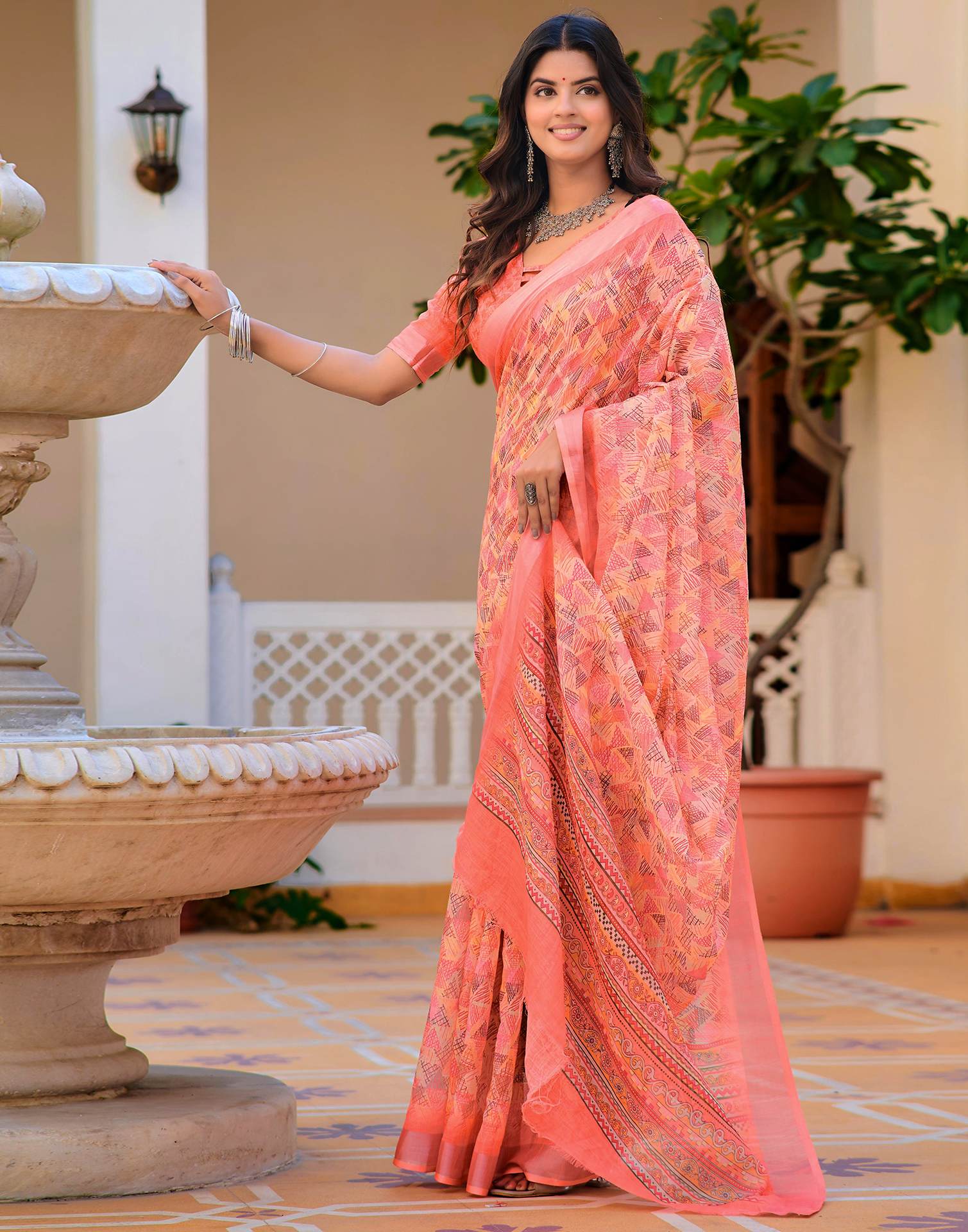 Light Yellow Cotton Linen Printed Saree
