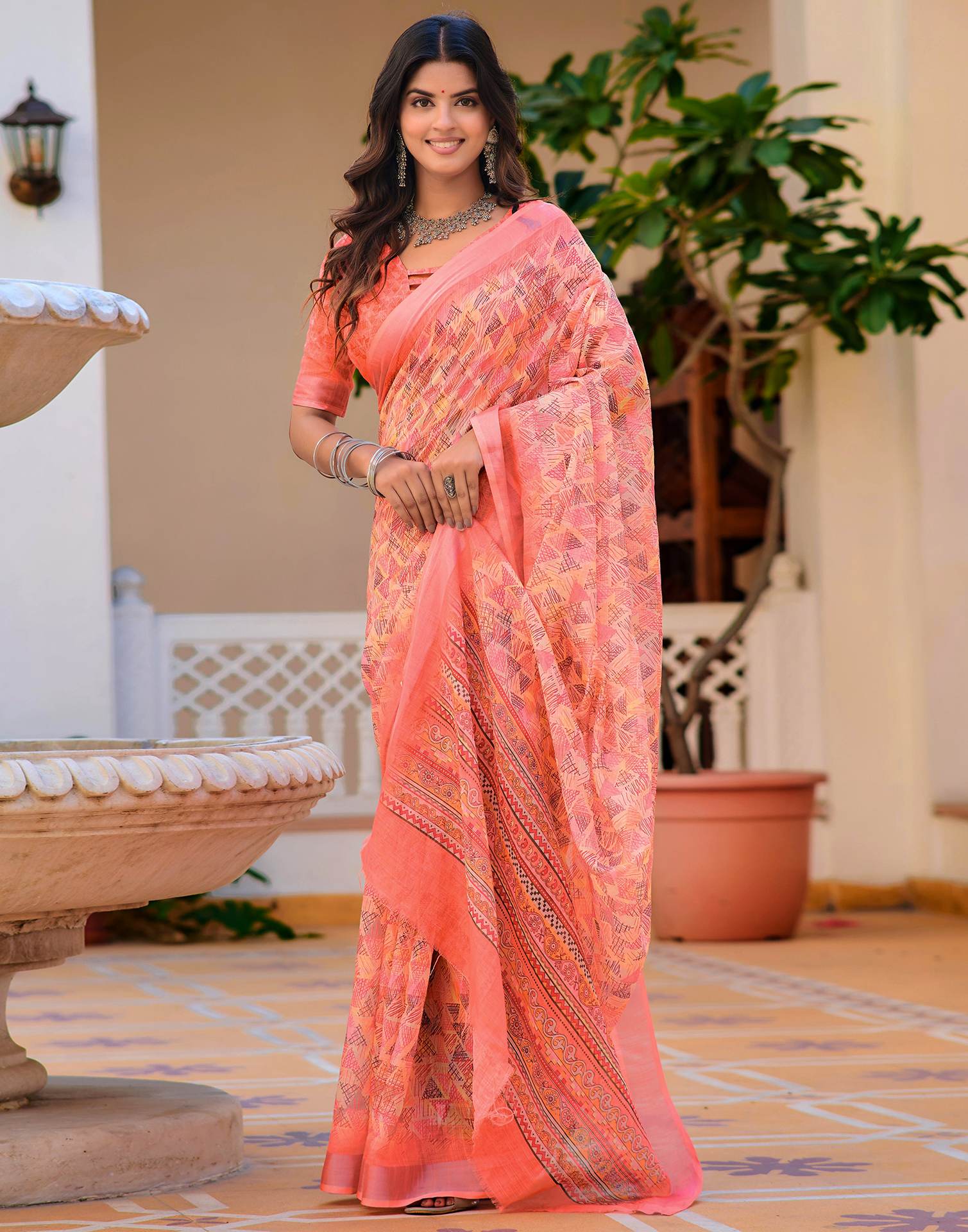 Light Yellow Cotton Linen Printed Saree