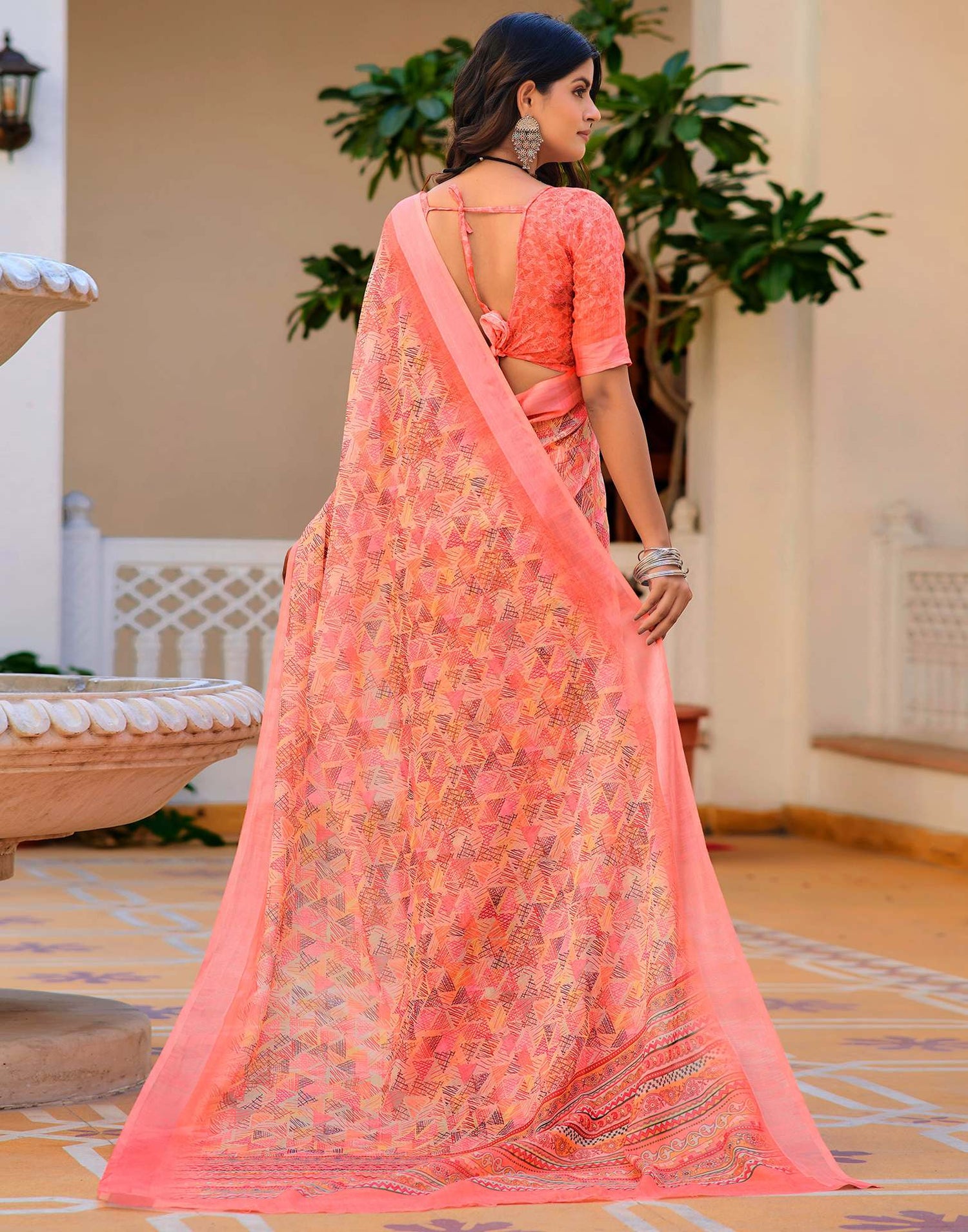 Light Yellow Cotton Linen Printed Saree