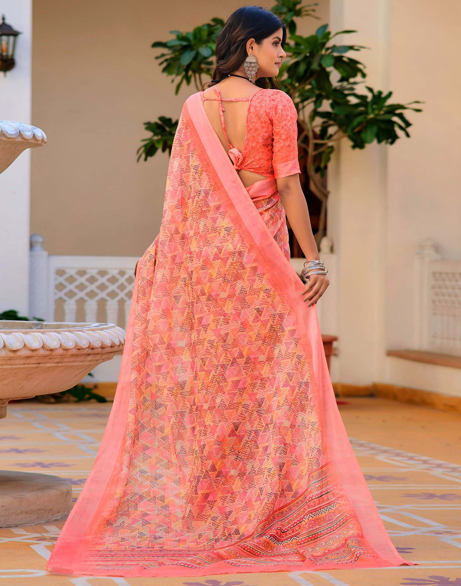 Light Yellow Cotton Linen Printed Saree