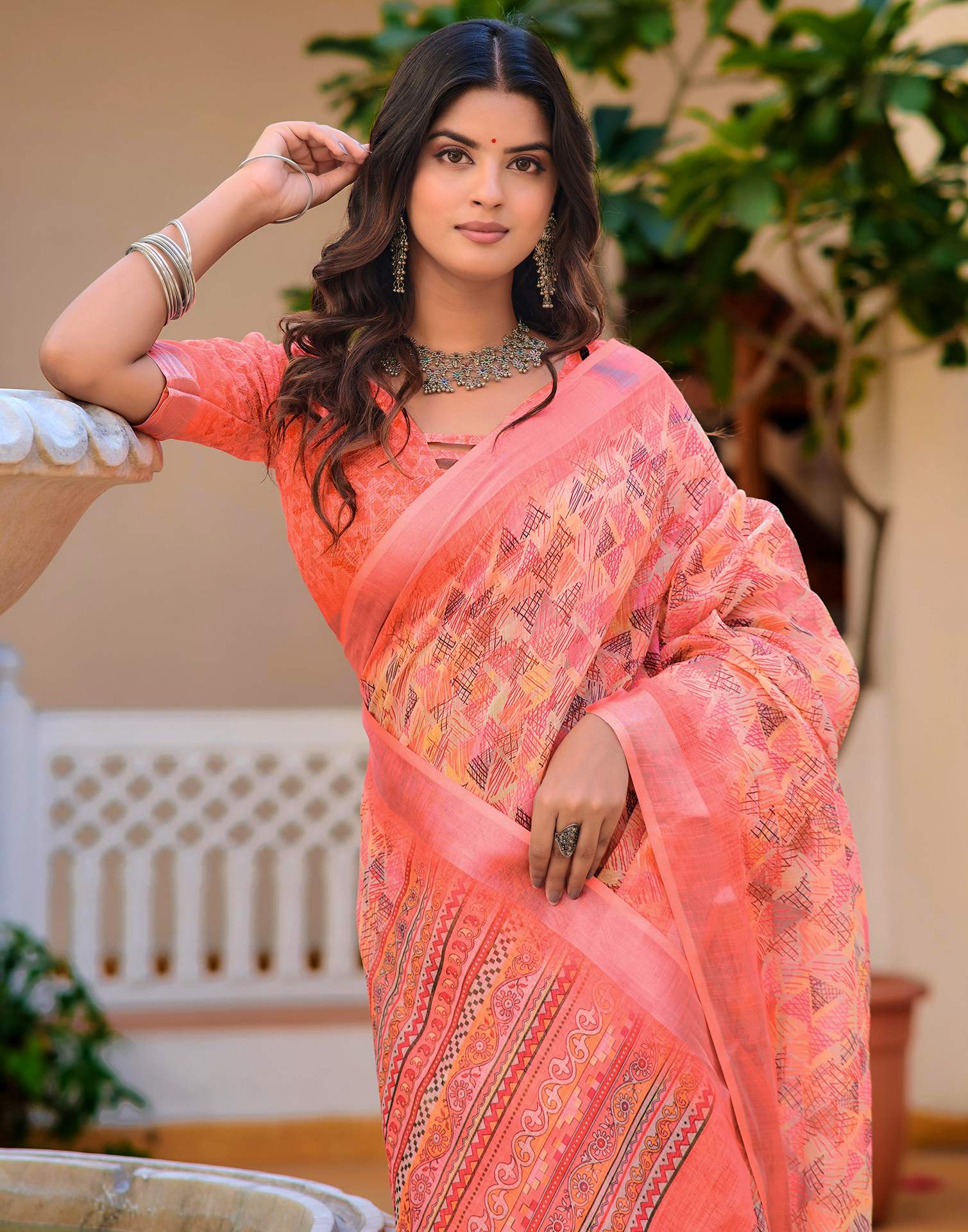 Light Yellow Cotton Linen Printed Saree