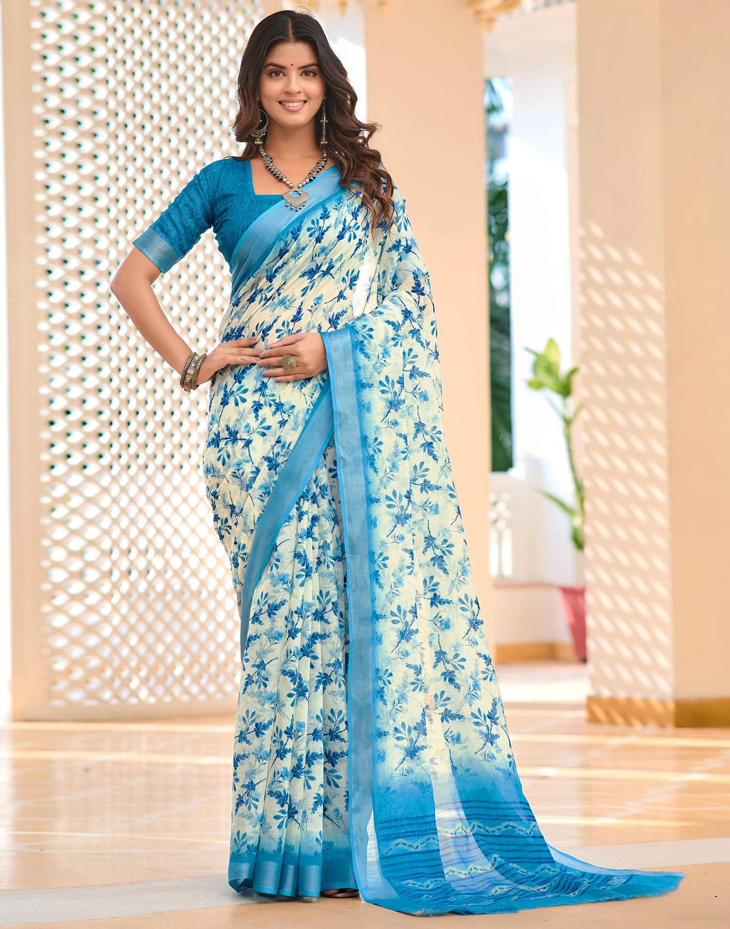 Off White Cotton Linen Printed Saree