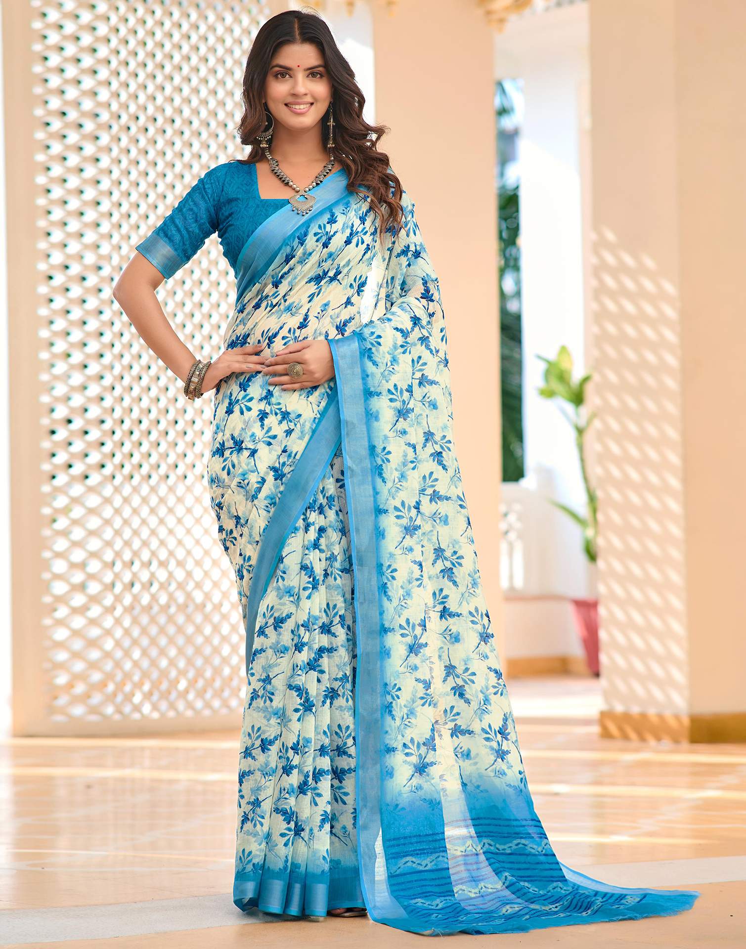 Off White Cotton Linen Printed Saree
