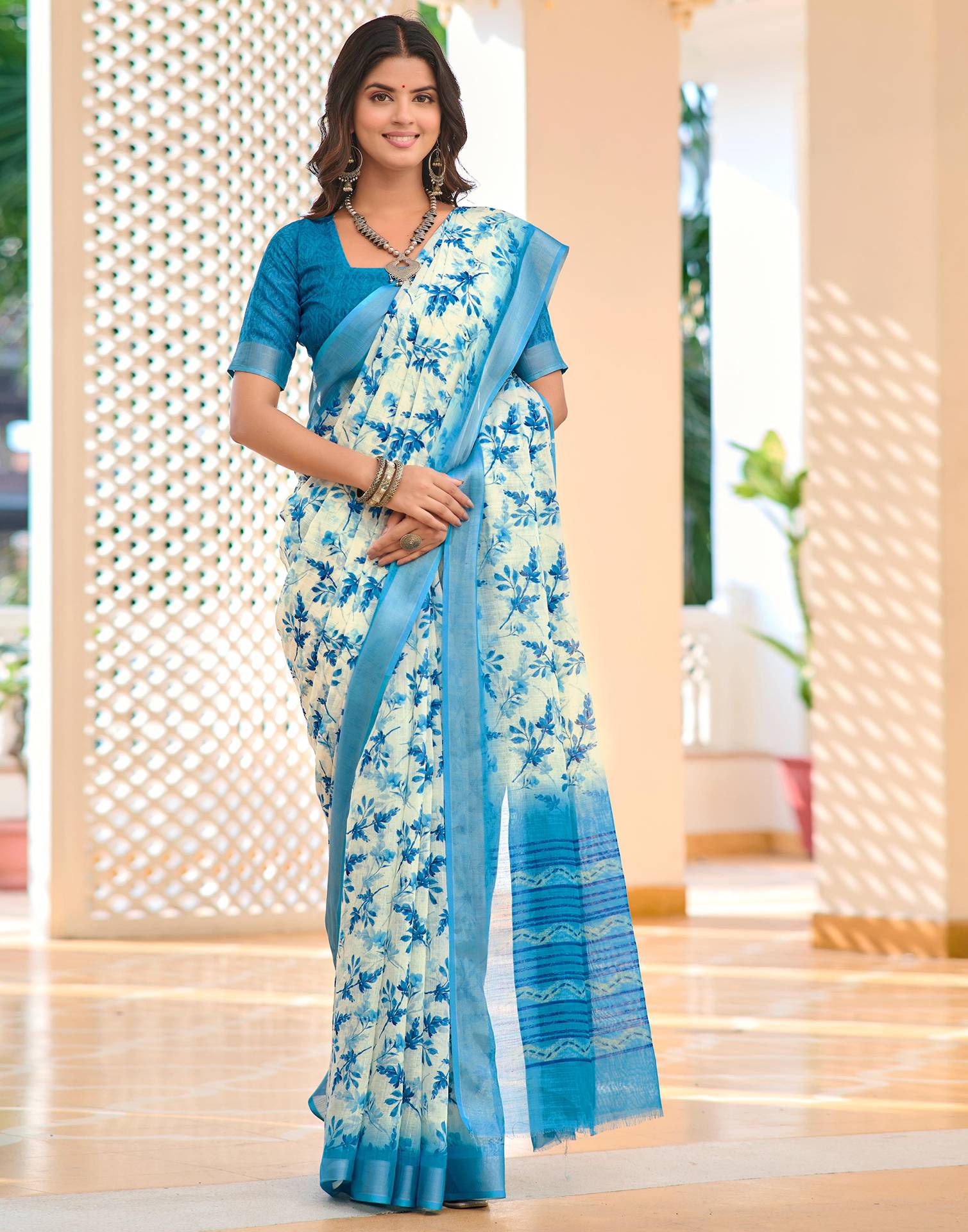 Off White Cotton Linen Printed Saree