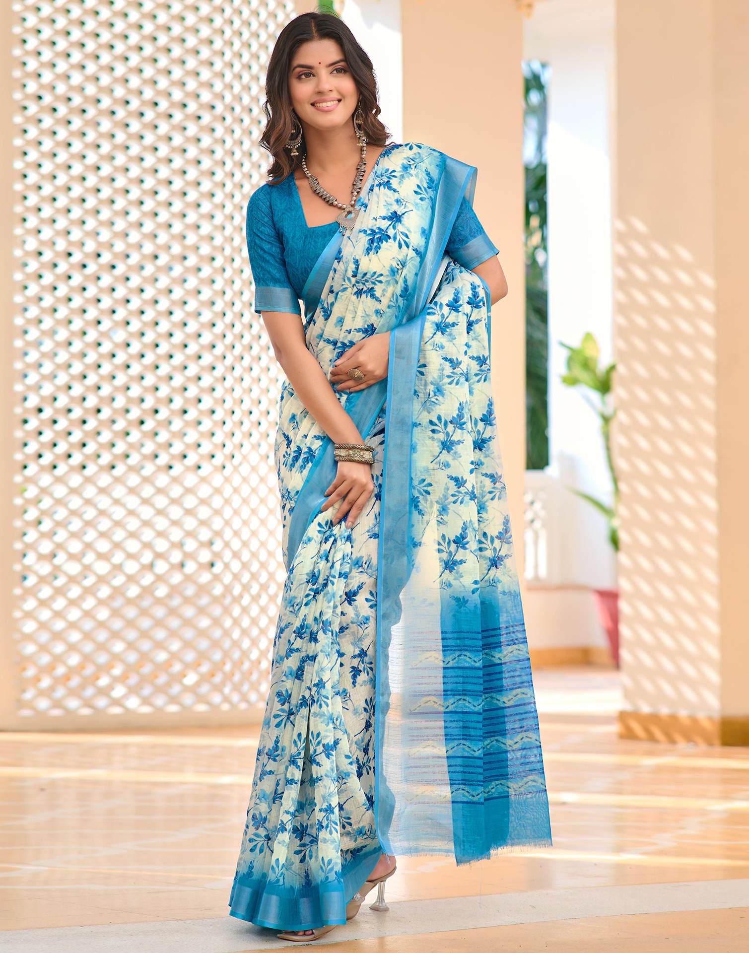 Off White Cotton Linen Printed Saree
