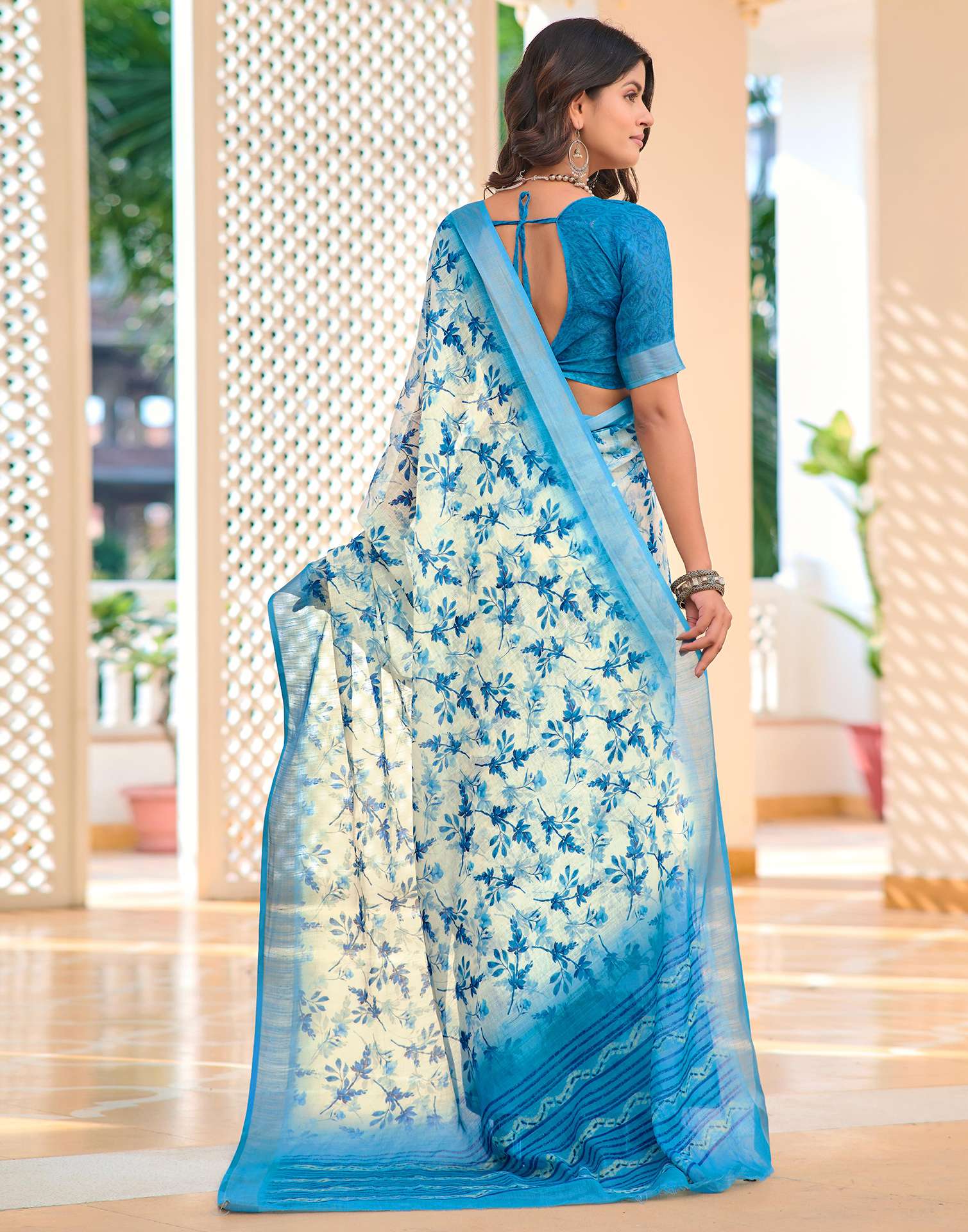 Off White Cotton Linen Printed Saree