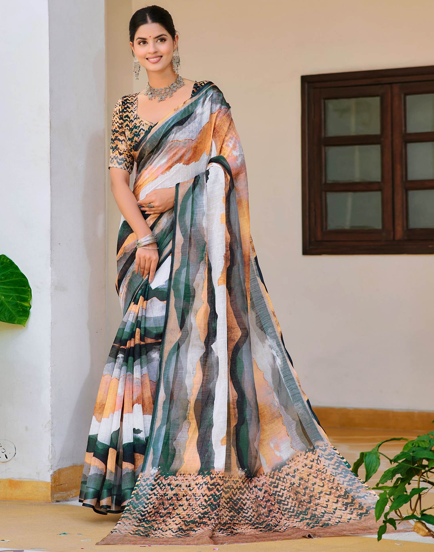 White Cotton Linen Printed Saree