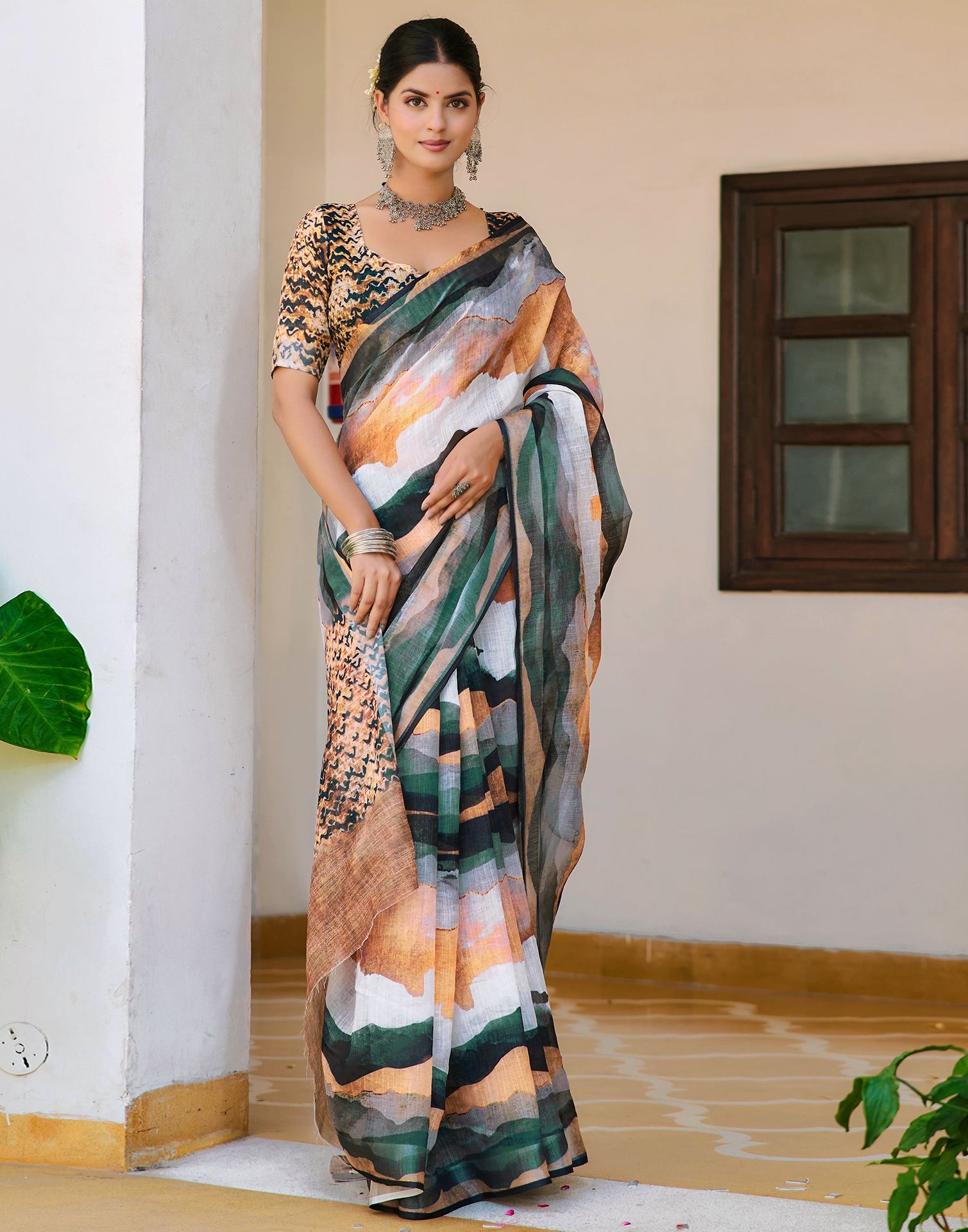 White Cotton Linen Printed Saree