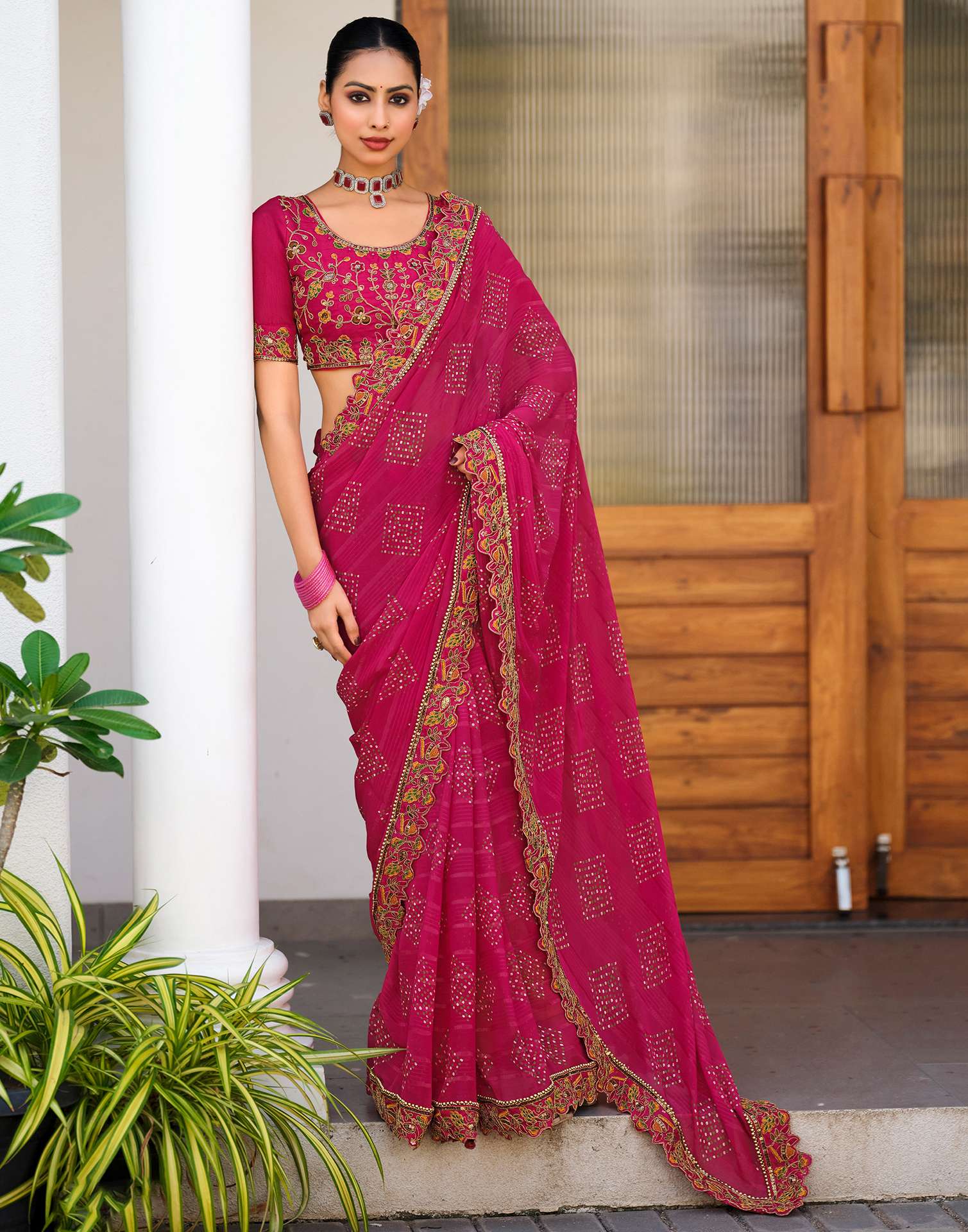 Rani Pink Georgette Printed Bandhani Saree