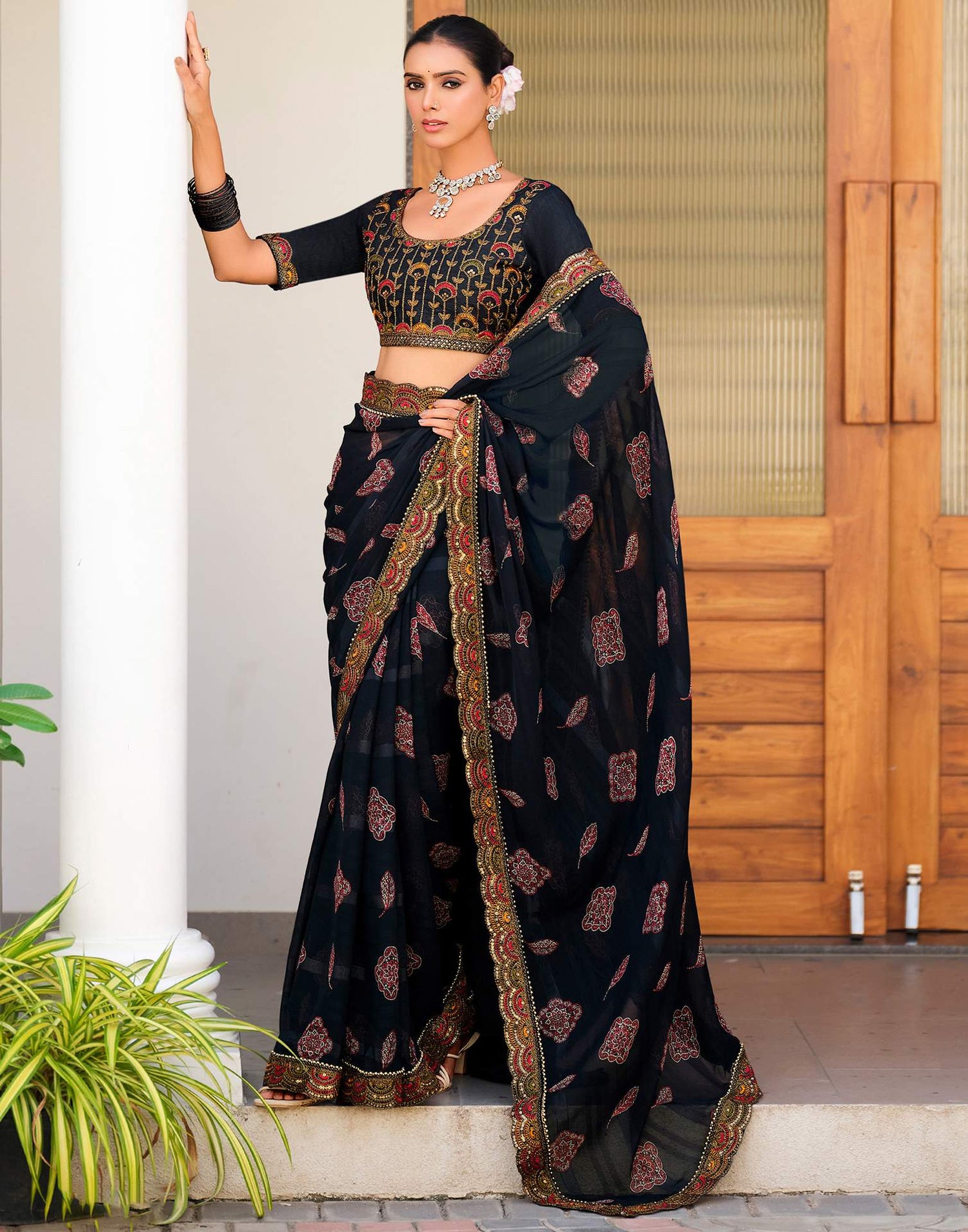 Black Georgette Printed Bandhani Saree