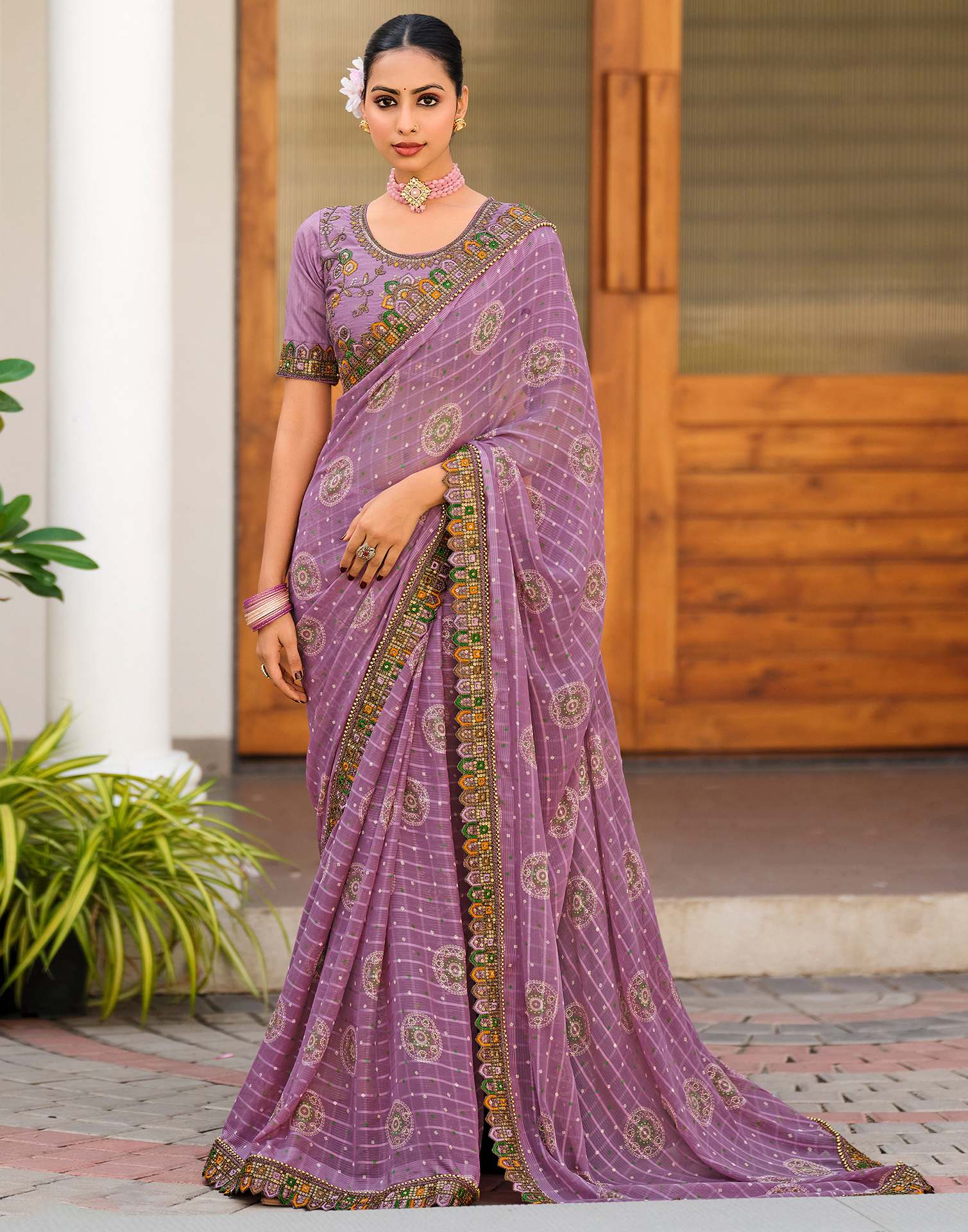 Light Dusty Purple Georgette Printed Bandhani Saree